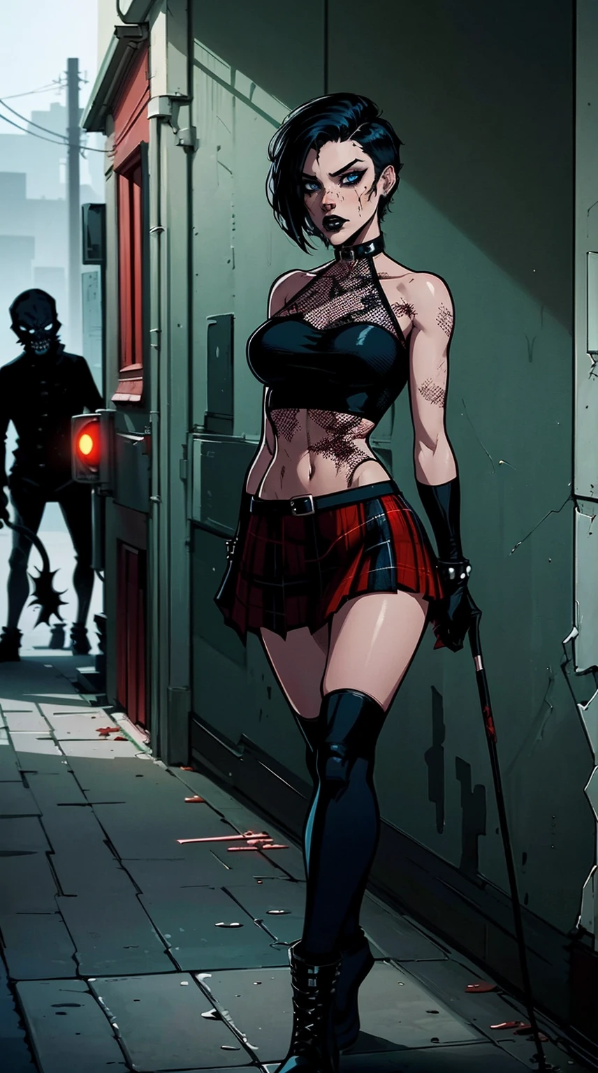 a woman with short black hair, hair on shoulders,  wearing a black cropped  and plaid skirt, blue eyes, zombie art, gothic art, cute aesthetic with vibe, toon aesthetic, wearing red costume, wearing gothic accessories, look like Cassie Hack, whole body, walking on the skrulls