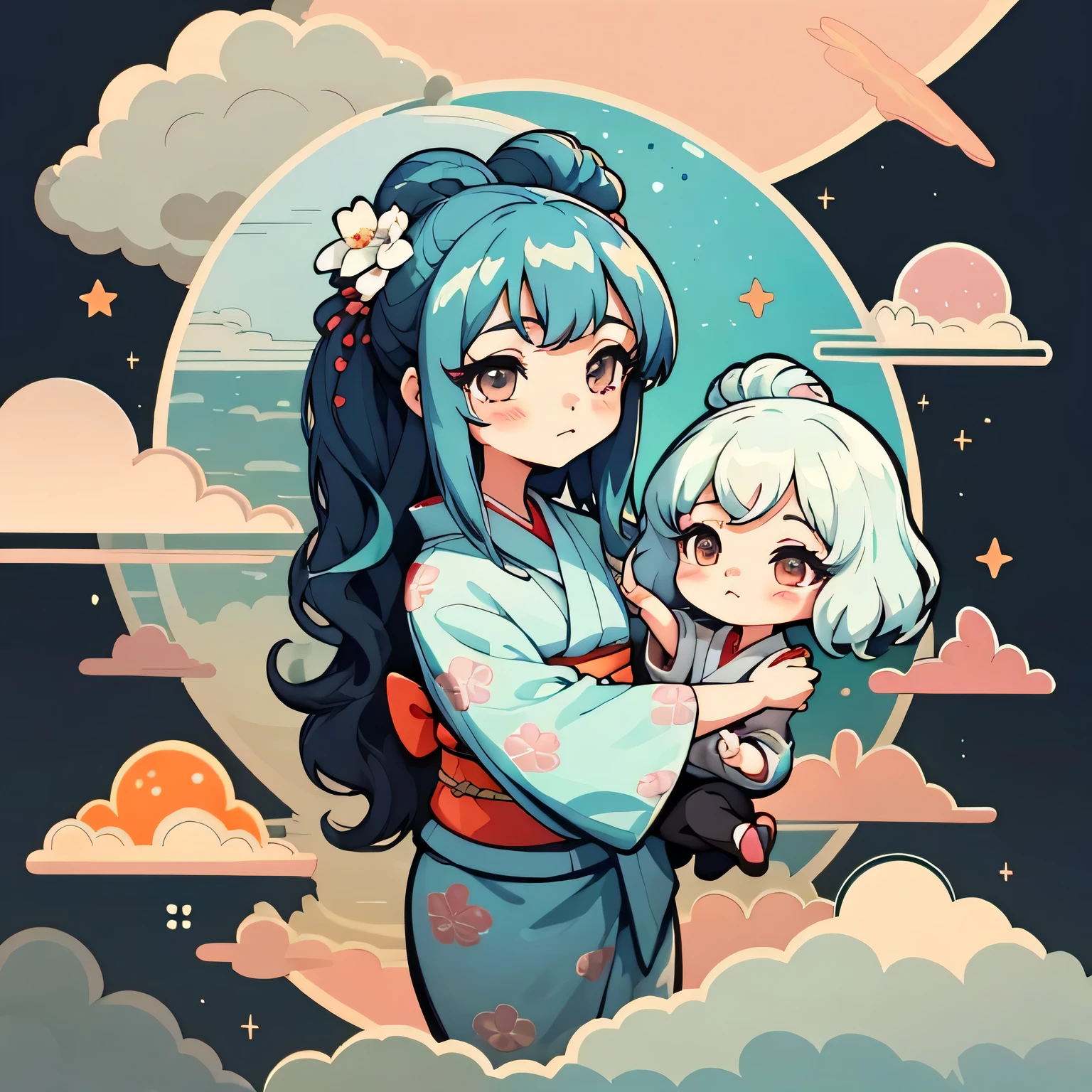 1adesivo,um adesivo, ( bonito),(Kimono lindo),(gorgeous hair accessory),(Traditional Chinese hairstyle),SakuraNS,nuvem,Behind it is a huge round moon,Estrelas, Fundo do mar da flor, adolable, pequeno, cor pastel, estilo vetorial, Sem cabelo comprido gradiente
