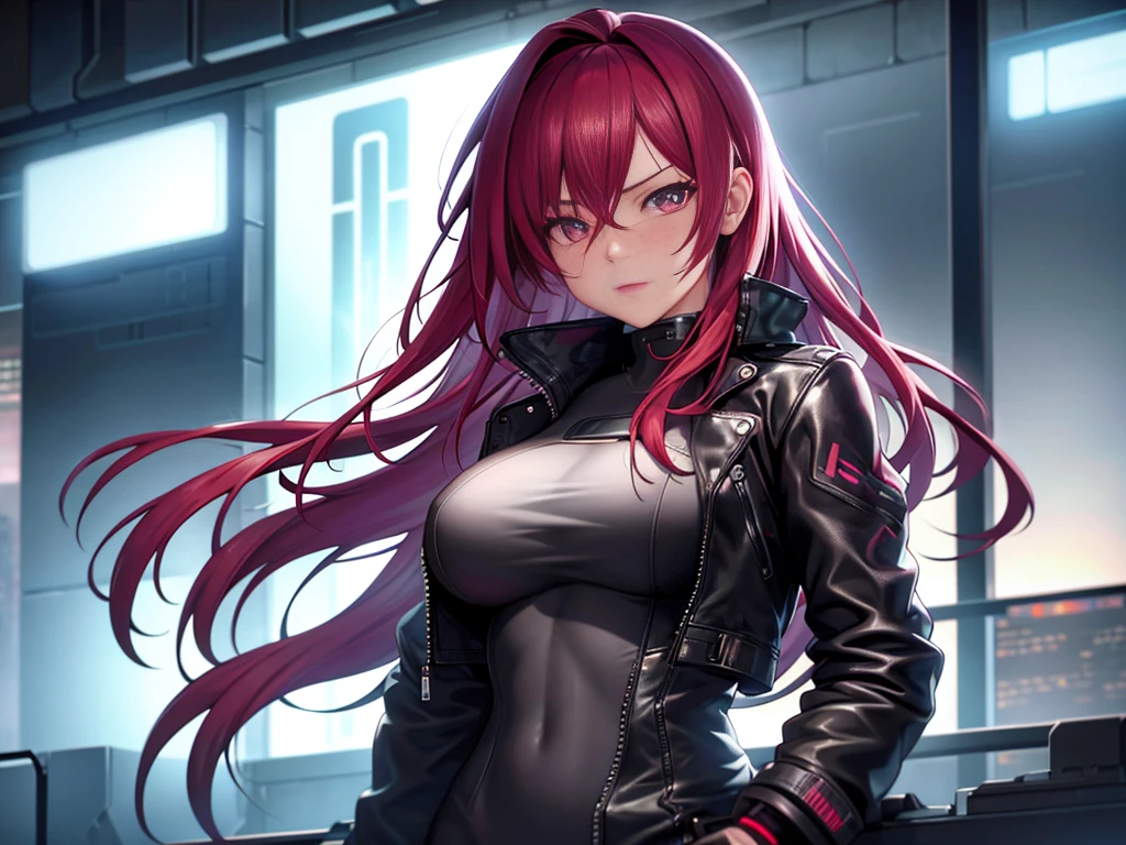 girl, green eyes, long red hair, she hair messy wavy. wear purple black uniform, arogant, independent woman, thug. bad girl. itimidating women. agent