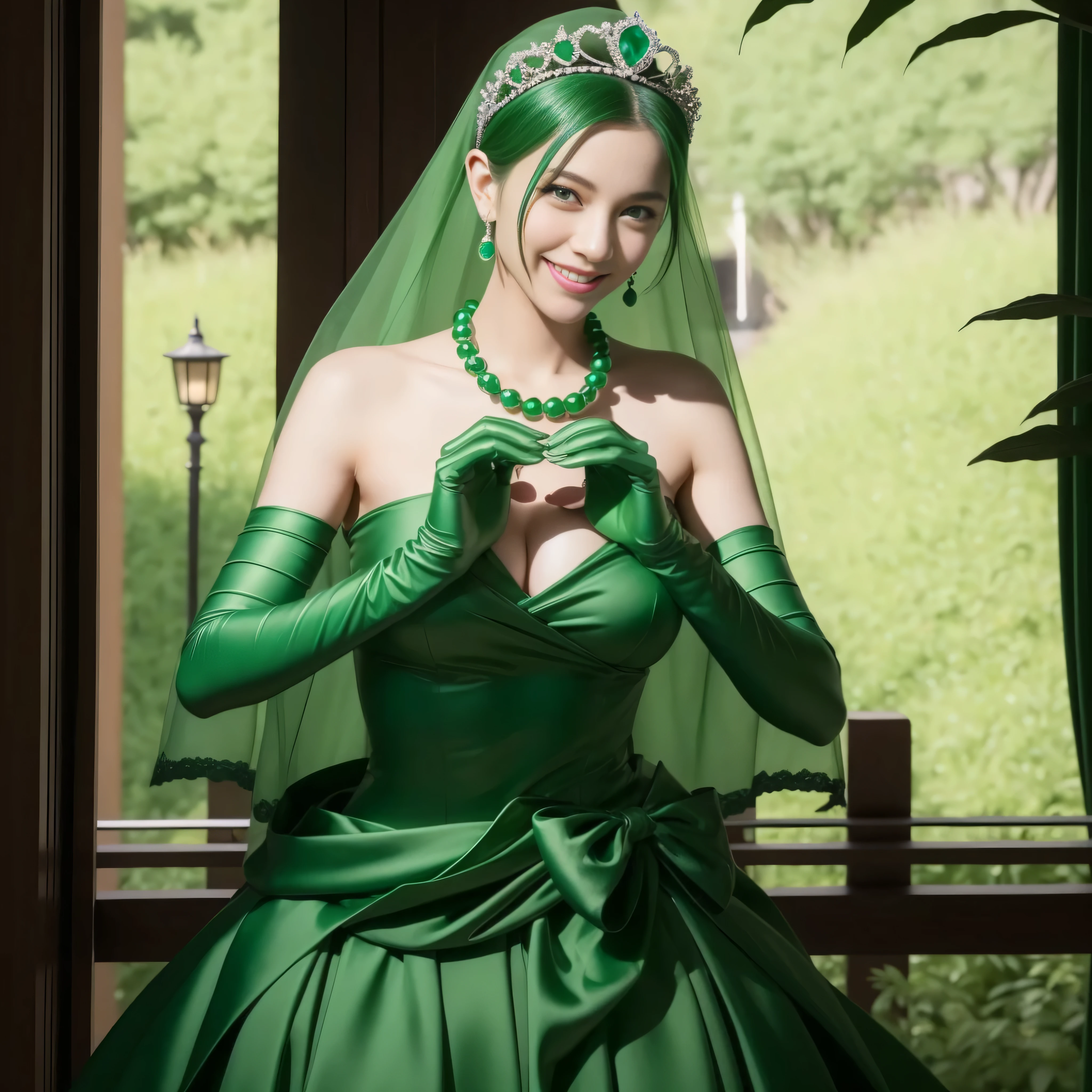 emerald tiara, Green Pearl Necklace, Boyish very short green hair, lipsticks, Japan woman smiling, very short short hair, beautiful, Green eyes, Long green gloves made of satin material, Green eyes, Emerald Earrings, green vale, 両Heart in the hand, Heart in the hand