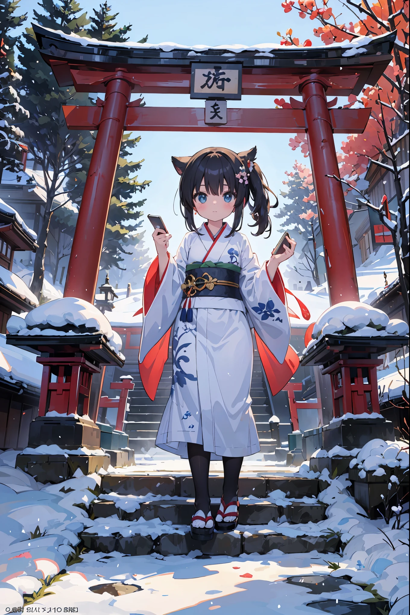 absurd, absolute resolution, incredibly absurd, super high quality, super detailed, official art, unity 8k wall, masterpiece
BREAK
Subject: First visit to a shrine
Subtitle: Tatsumi-chan (anthropomorphic chibi character), chibi, cute, Meiji Shrine

BREAK
"On a New Year's first visit to the shrine, an anthropomorphic chibi little girl named Tatsumi-chan is wearing a gorgeous kimono with the torii gate of the Meiji Shrine in the background with a flurry of snow. She is wearing a sash with dragon elements, representing the Chinese zodiac sign for the year of the dragon, and holds a small ema (votive tablet) in her hand, ready to write her wishes for the New Year. In the background, the precisely painted precincts of the shrine are decorated with light, and trees covered with fresh snow and stone lanterns create an ethereal atmosphere. Tatsumi-chan has sparkling eyes that symbolize hope for the New Year, and her cute pose brightens the hearts of all who see her."