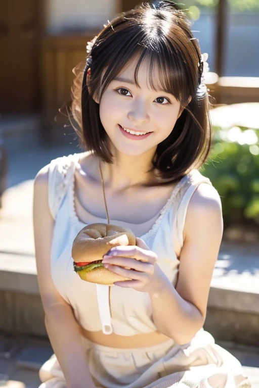 (((masterpiece))), (((Full body photo,Sitting on a chair))),(One beautiful Japan girl, Innocence,kawaii) ,超A high resolution, Realistic, ultra-detailliert, 8K,top-quality, Extremely detailed, blurry backround,A slender,small tits,very beautiful japanese girl, Detailed face:1.3), (Short hair like a boy,A dark-haired :1.4), (a ,kawaii系,adorable 14 year oPerfect body:1.1), (White sleeveless shirt,Light brown pleated mini skirt), A smile that makes you want to hug,Super Detailed Face、Detailed lips、Detailed Big Eyes、small gravure idol,Transparent skin、Lori,carrying a small black backpack,Eating a hamburger at a hamburger shop,Looking up from the ground,キュートでkawaiiポーズ, Warm tones