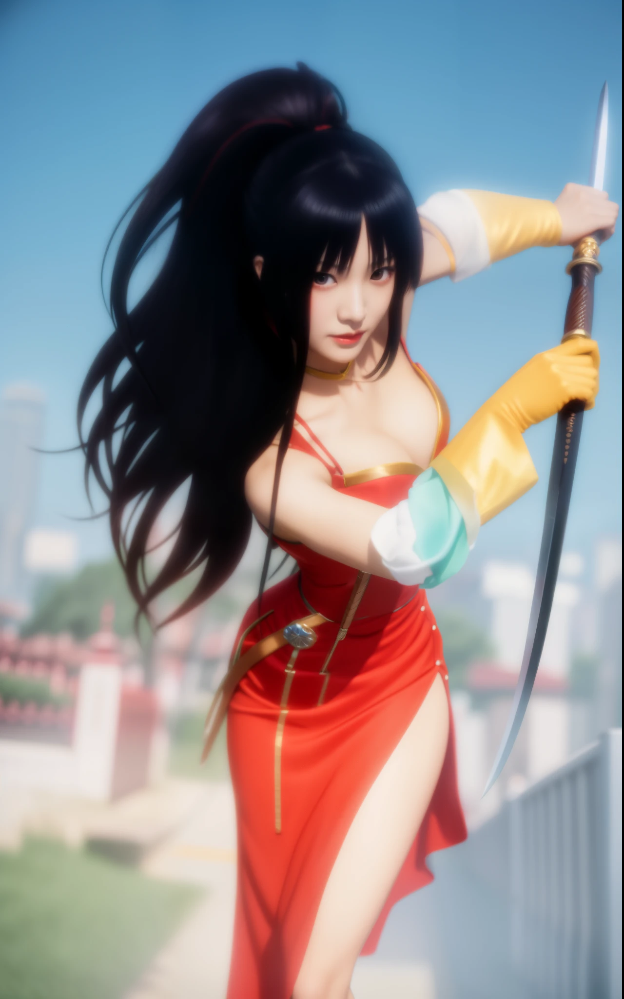 Realistic,a close up of a woman(Korean Face) in a red dress holding a sword, anime , anime girl , anime character; full body art, , masayoshi suto and artgerm, professional , realistic , anime girl in real life, ruan jia and artgerm, cosplayer, kunoichi, trending artgerm, anime goddess, photo realistic, masterpiece,4k,cinematic, ultra HD, ultra detail