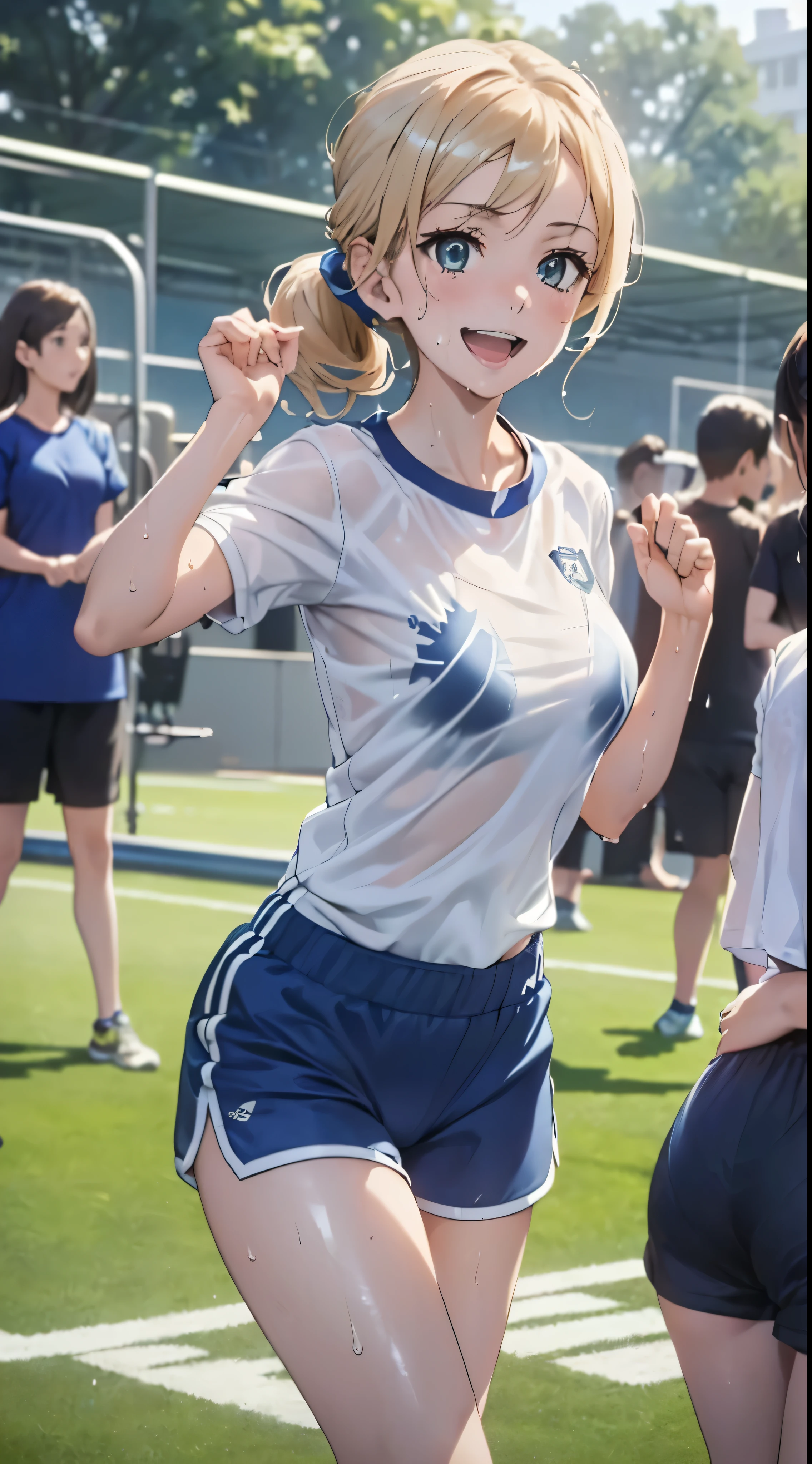 1womanl,Golden hair, beautiful breasts,(((Sexy white and blue shiny short sleeve gym clothes and shorts、Smile with open mouth)),((())),((( portlate))),Crowds,Shiny white short-sleeved gym uniform and blue pants,(Wet with sweat),((athletic field)),((see -through)),outside of house,(((clothes shiny))),Beautiful ponytail