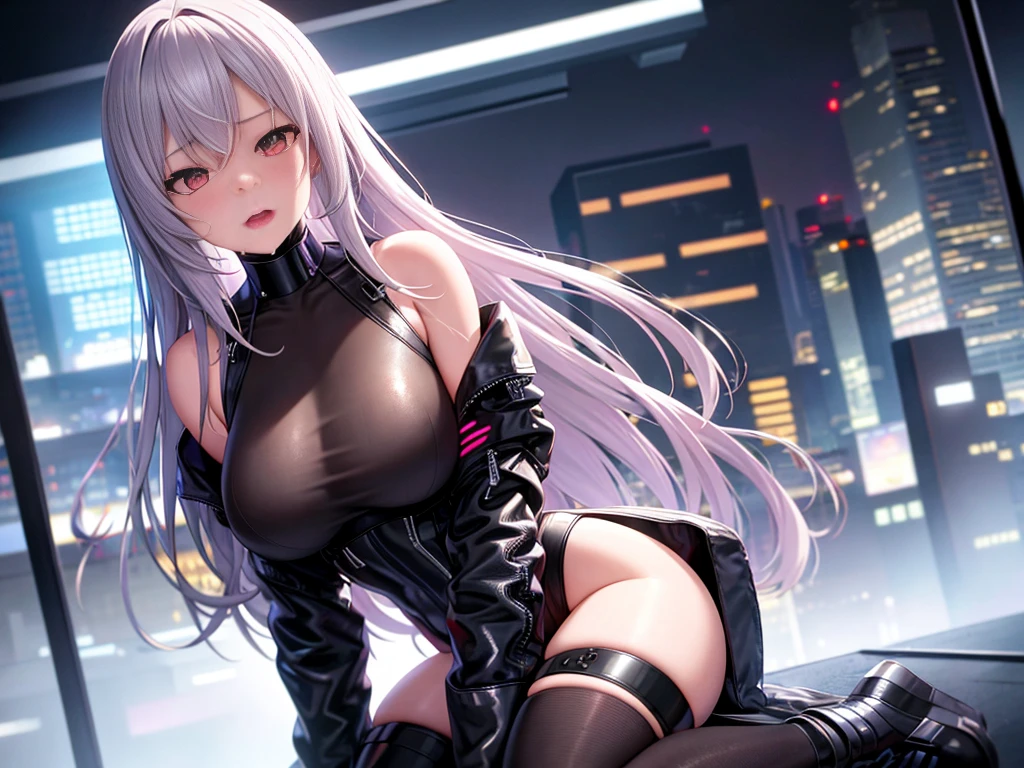 Hyper realistic, Lifelike texture, Dramatic Lighting, (Best Quality:1.1), depth of fields, during night, in a futuristic cyberpunk city, nffsw, shallow depth of fields, Broad light, High contrast, Backlighting, bloom, light glow, chromatic abberation, Sharp Focus, Futuristic clothes, Leather jacket, beauty512, Ying-chu, Breasts visible from disheveled clothes、red blush、Kneeling Pose、ahe face、drooling from the mouth