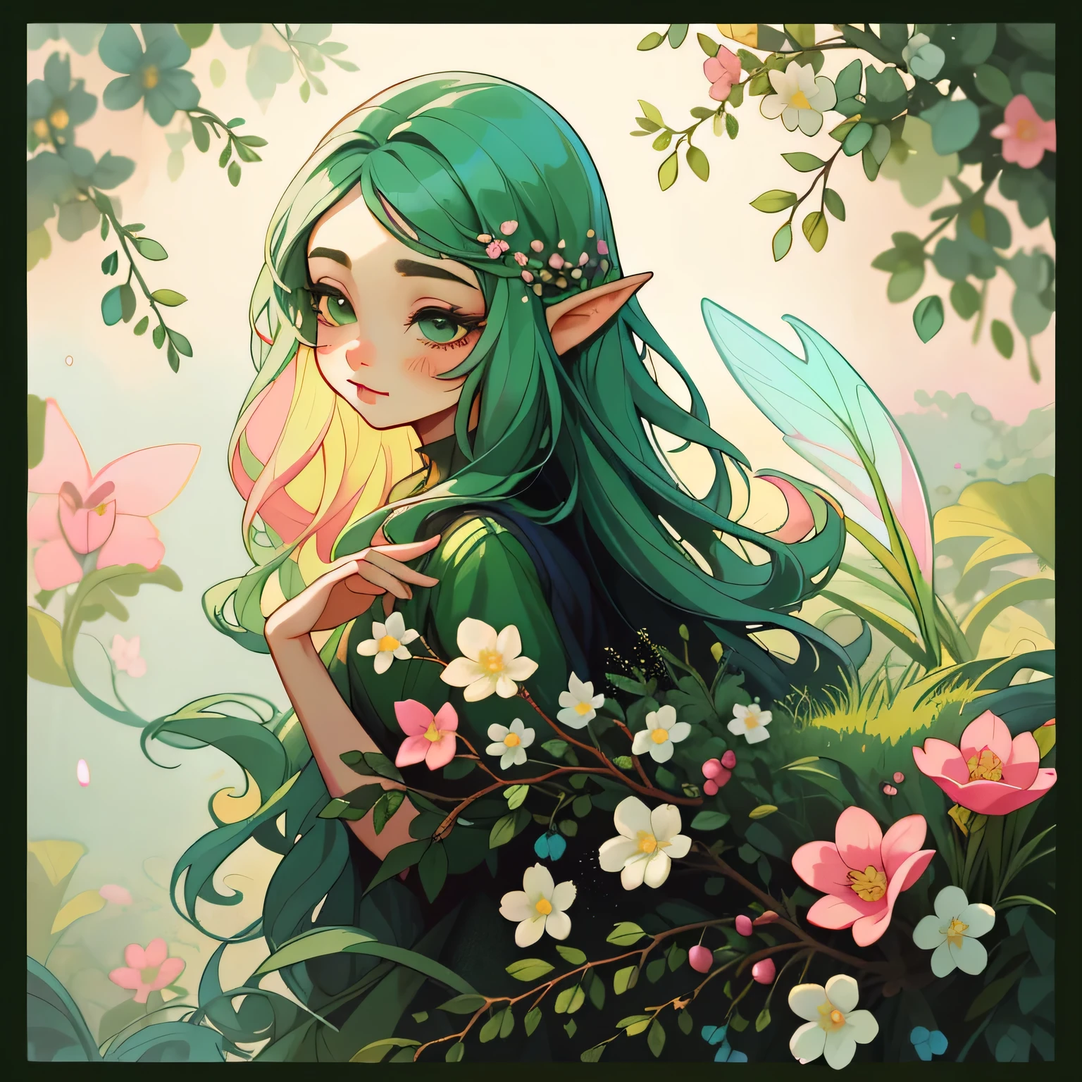 adesivo,1girl, fundo simples, retrato, menina com cabelo longo, menina bonita da flor, Floral aesthetics, Beautiful girl, arte de fantasia muito bonita, fada feminina bonita e elegante, bela fantasia detalhada, paladar de cor verde e rosa, tema de cor verde