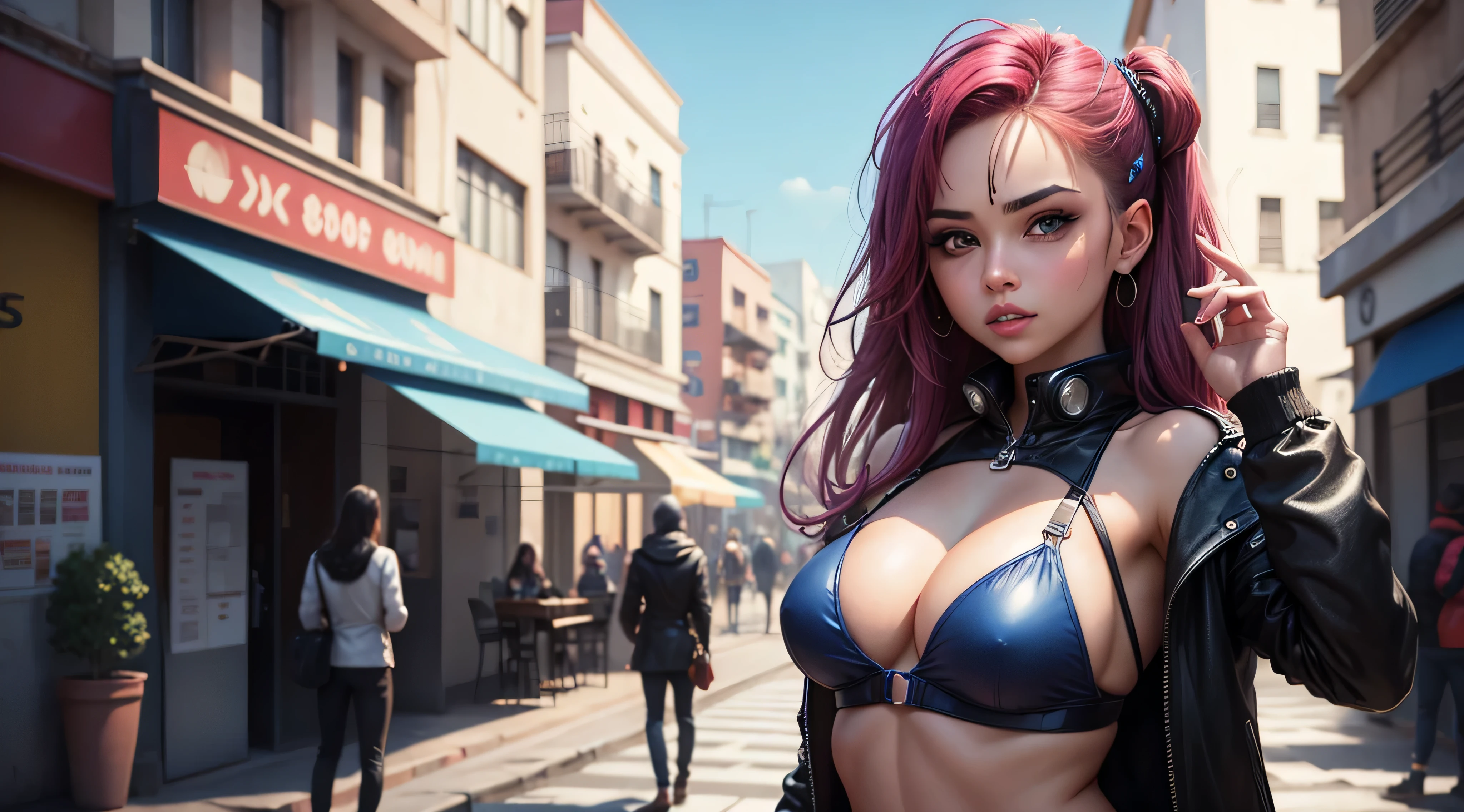 mujer hermosa, ojos azules , cabello rosa, en bikini , estililo cyber punk en la ciudad