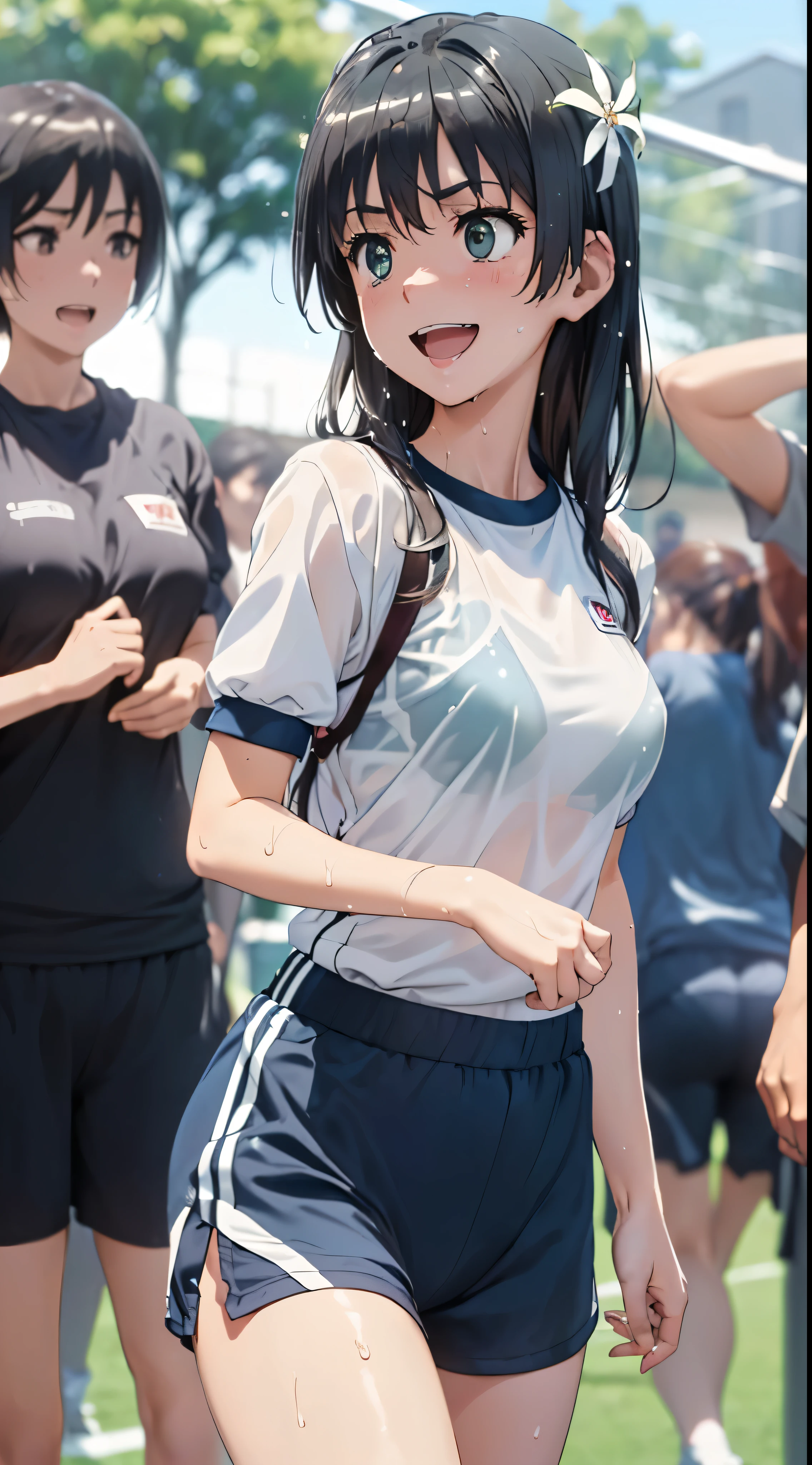 1womanl,Golden hair,14 year old beautiful breasts,(((Sexy white and blue shiny short sleeve gym clothes and shorts、Smile with open mouth)),(((Satin Narico))),((( portlate))),Crowds,Shiny white short-sleeved gym uniform and blue pants,(Wet with sweat),((athletic field)),((see -through)),outside of house,(((clothes shiny))),