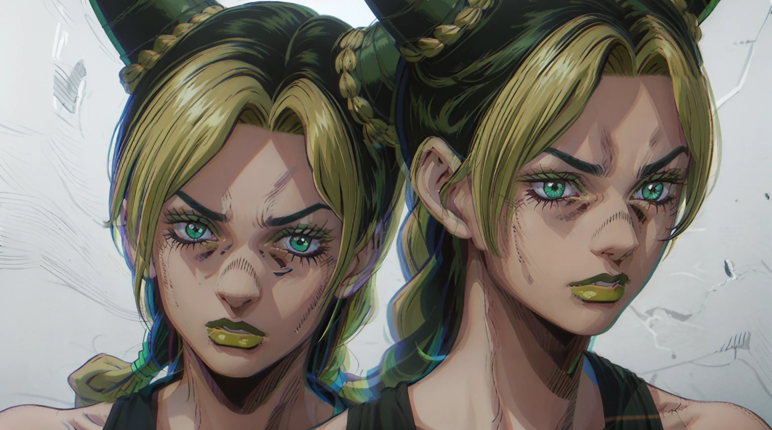 (concept art,reference sheet,illustration,good lighting,good shadows,Jolyne - JoJo's Bizarre Adventure,various poses,on a white background,anatomical accuracy:1.2),(pencil sketch:1.1,highly detailed lines),(colorful,color palette:1.1,vibrant colors),(mood:1.1,dynamic),dramatic lighting,attention to detail,stylized,action-packed,artistic interpretation),