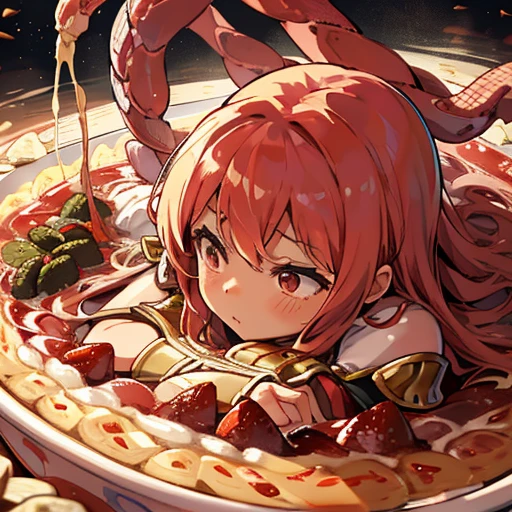 girl covered in boiling large strawberry parfait ramen armor serving a large granola、Amazing dynamism、Amazing Angle、unstable buoyancy sandstorm、Lots of friendly snake dried fruits floating in dense clusters、Chase.。surround each other precariously'big snake mixed nuts、