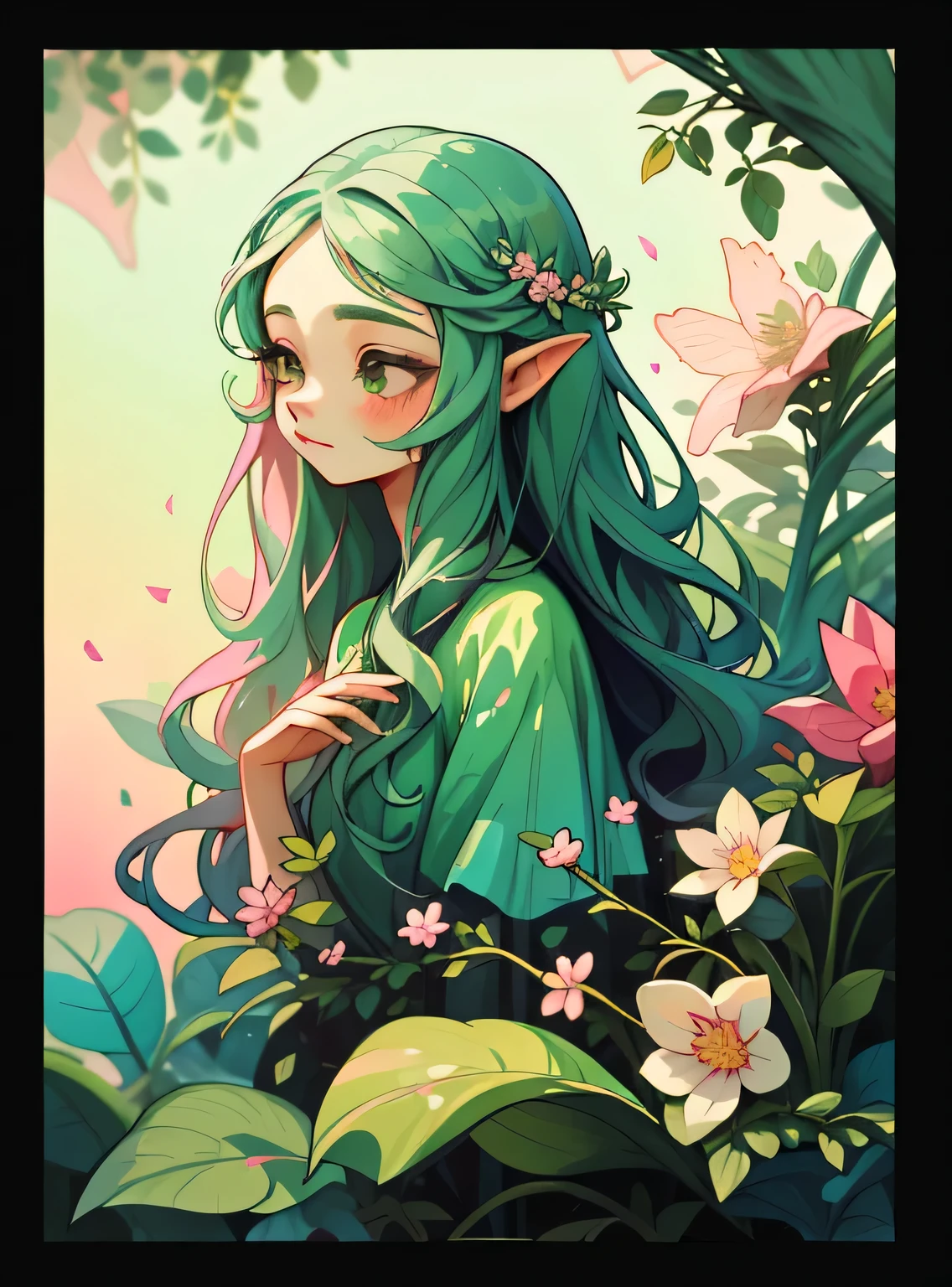 adesivo,1girl, fundo simples, retrato, menina com cabelo longo, menina bonita da flor, Floral aesthetics, Beautiful girl, arte de fantasia muito bonita, fada feminina bonita e elegante, bela fantasia detalhada, paladar de cor verde e rosa, tema de cor verde
