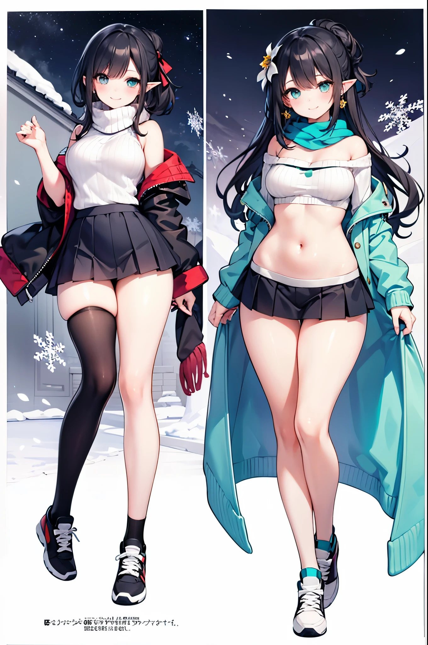 Detailed image, coherent image, high quality image, 1 elf, hair up with flower decorations, black hair.Turquoise eyes, long eyelashes, Earrings, smiling, wearing an off-shoulder sweater, with a scarf, pleated mini skirt, stockings to mid-thigh with light. Sneakers, curvy body, medium chest, thick thighs, round buttocks. At night, surrounded by snowflakes, Full body view, natural lighting,round ass