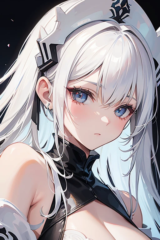 close-up of a woman with white hair and white mask, Hermosa pintura de figuras, Dios de pelo blanco, Epic art, (NSFW: 1.0)