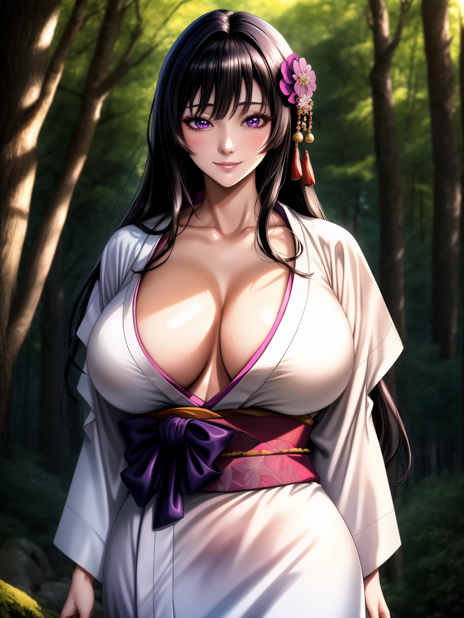 {{{masterpiece}}}, {{{best quality}}}, {{ultra-detailed}}, {cinematic lighting}, {CG}, {beautifully detailed eyes}, {1girl}, extremely detailed, 1girl, solo, [Anime style], A Japanese princess, long black hair with bags, wearing a pink and white kimono, Hime, slight smile, purple eyes, huge breasts, hourglass figure, facing viewer, outdoors, woodland background, highly detailed face and clothing, bright and expressive eyes, perfect face, fair skin, hair bangs, long hair, styled hair, hair ornament, slim waist, delicate, late s, slightly pale skin, no collar, standing, arms at side, Yamato nadeshiko beauty, cowboy shot, plump body