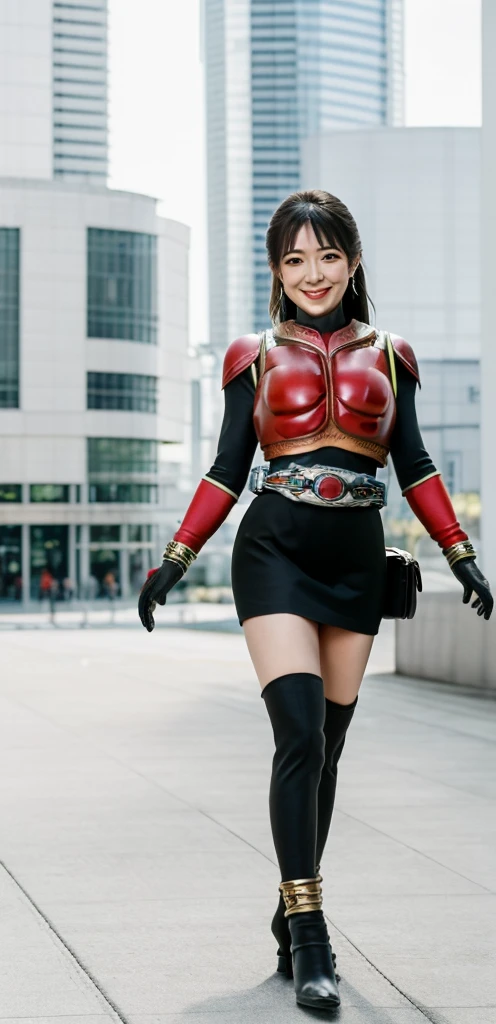 Perfect proportion, full body, whole, Hires, 1 woman, solo, woman around 30 years old, diffused sunlight, depth of field, Japanese office lady, black vest, white collared shirt, black skirt, posing for a photo , Realistic, Top Quality, Detailed Face, Smile, Path to Transformation, Glowing Skin Kuuga Mighty, Japanese Office Lady Transforms into Kamen Rider Kuuga, Office Lady Uniform Smoothly Transforms into Bodysuit, Black Skirt Stretches Smoothly transforms into a bodysuit, rider belt bag, gloves, heels smoothly transforms into boots, exterior, red armor, anklet,