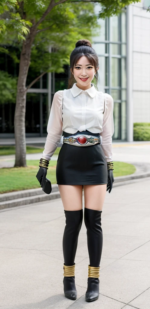 Perfect proportion, full body, whole, Hires, 1 woman, solo, woman around 30 years old, diffused sunlight, depth of field, Japanese office lady, black vest, white collared shirt, black skirt, posing for a photo , Realistic, Top Quality, Detailed Face, Smile, Path to Transformation, Glowing Skin Kuuga Mighty, Japanese Office Lady Transforms into Kamen Rider Kuuga, Office Lady Uniform Smoothly Transforms into Bodysuit, Black Skirt Stretches Smoothly transforms into a bodysuit, rider belt bag, gloves, heels smoothly transforms into boots, exterior, red armor, anklet,