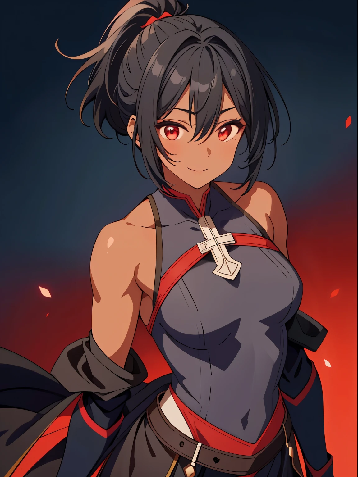 dreamy, (masterpiece), best quality, 1girl, Black short hair, amazing, beautiful detailed eyes, red eyes, fine details, depth of field, extremely detailed CG, ((Black skin)), Black medieval clothing with red details, small breasts, muscular girl, korra, dark skin, dark-skinned female, ponytail, hair tubes, short hair, perfect anatomy, perfect hands, 1girl, solo,(high detailed skin:1.2), beautiful (skinny:0.8), (black skin:0.2), medieval background , smiling, Stop,