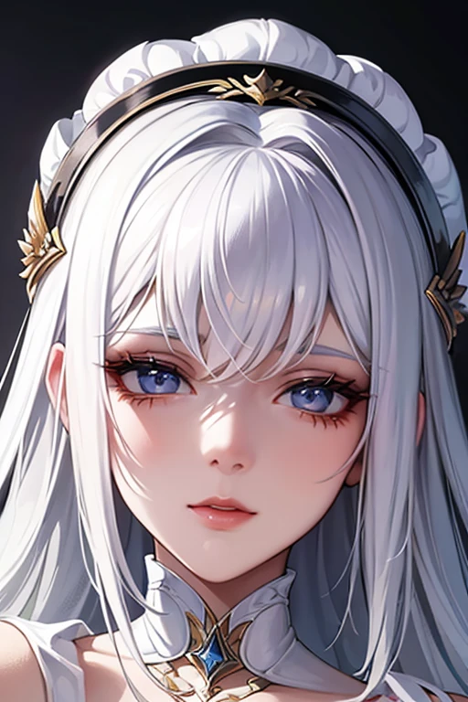 close-up of a woman with white hair and white mask, Hermosa pintura de figuras, Dios de pelo blanco, Epic art, (NSFW: 1.0)