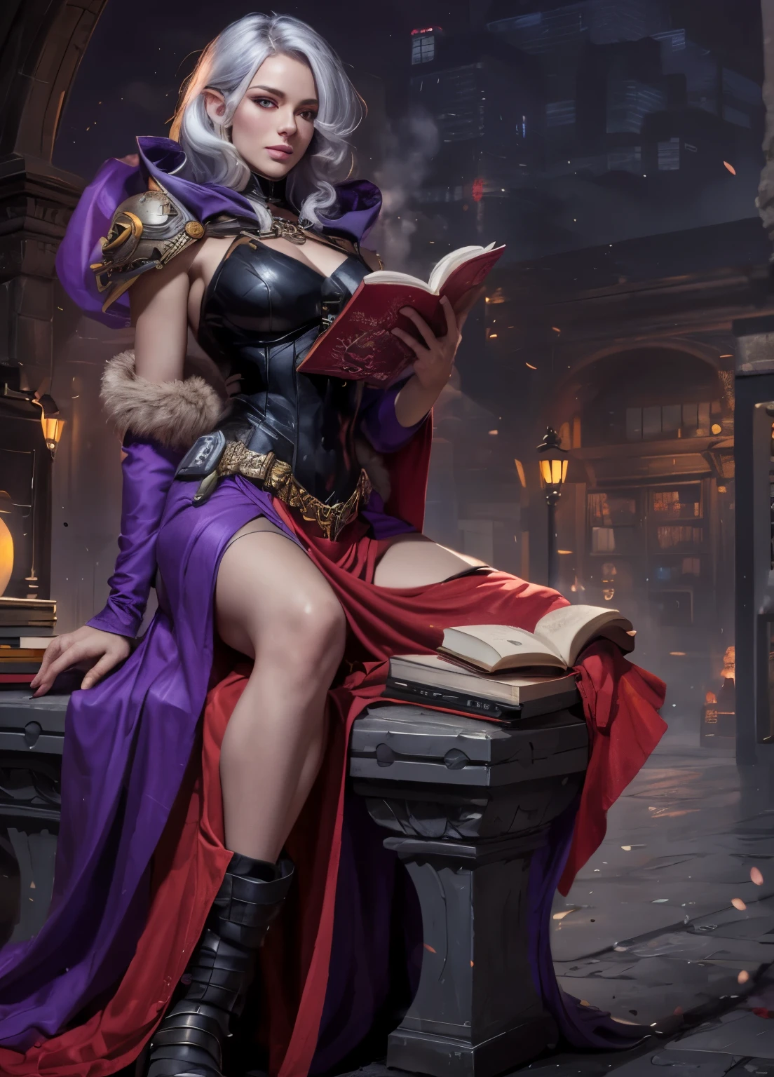 Warhammer 40K, beatiful Girl,  sexy face, Wearing a White sticky-Bodysuits with gold and purple finition, Detailed vibrant Red eyes, blurred, Shooting angle,  wearing brown fur cloak, white hair and Vibrant red eyes, Round boobs, charismatic leader, full body length, comic style, by artgerm, guy denning, jakub rozalski, magali villeneuve and charlie bowater, Planet univers background, Night, Inside a Library sit on a stone bench, reading a book, Foggy