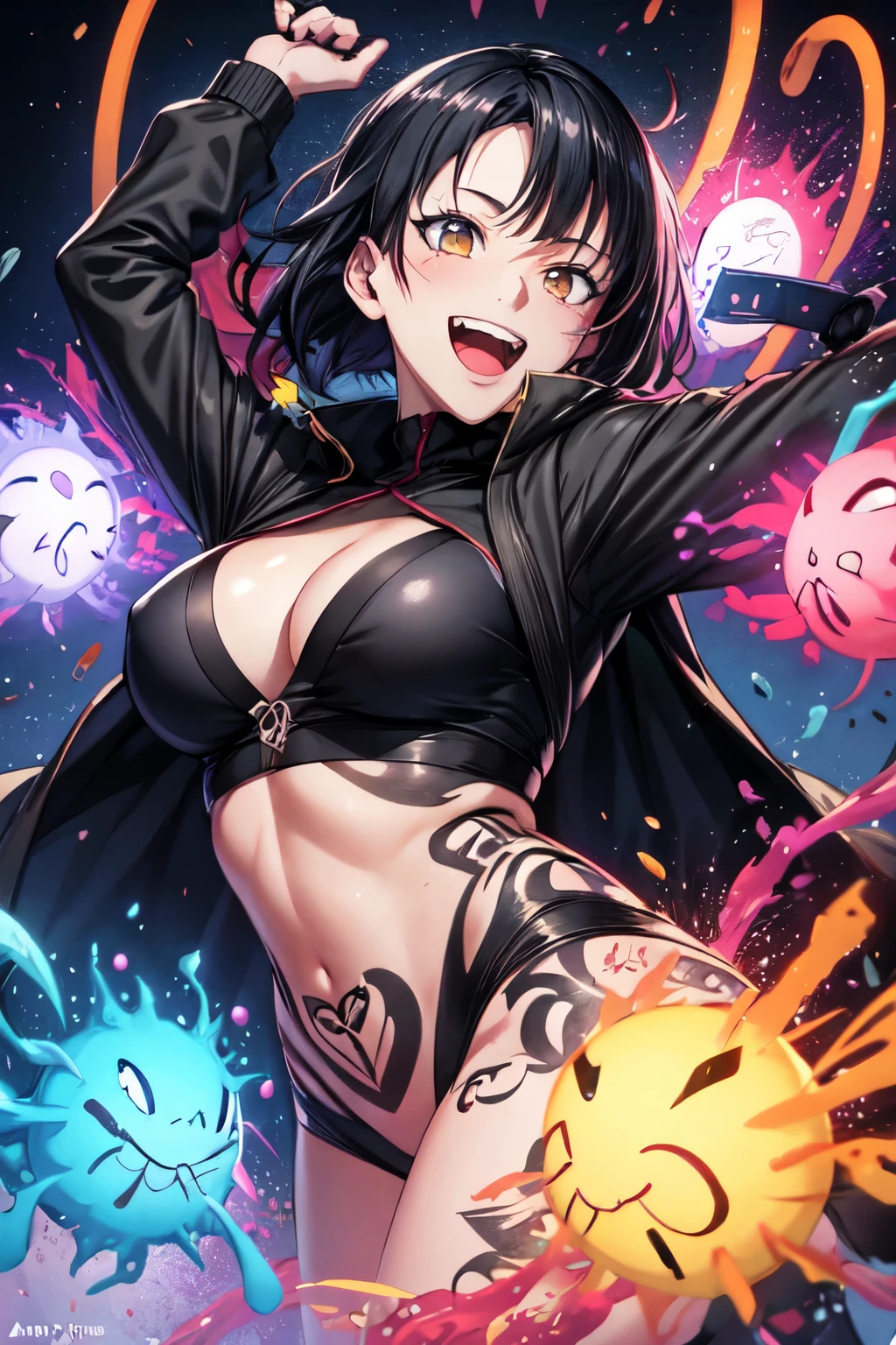Jujutsu Kaisen artstyle, female dark priestes, black hair, hazel eyes, arms covered in tattoos, falling from the sky, laughing, neon colours around her