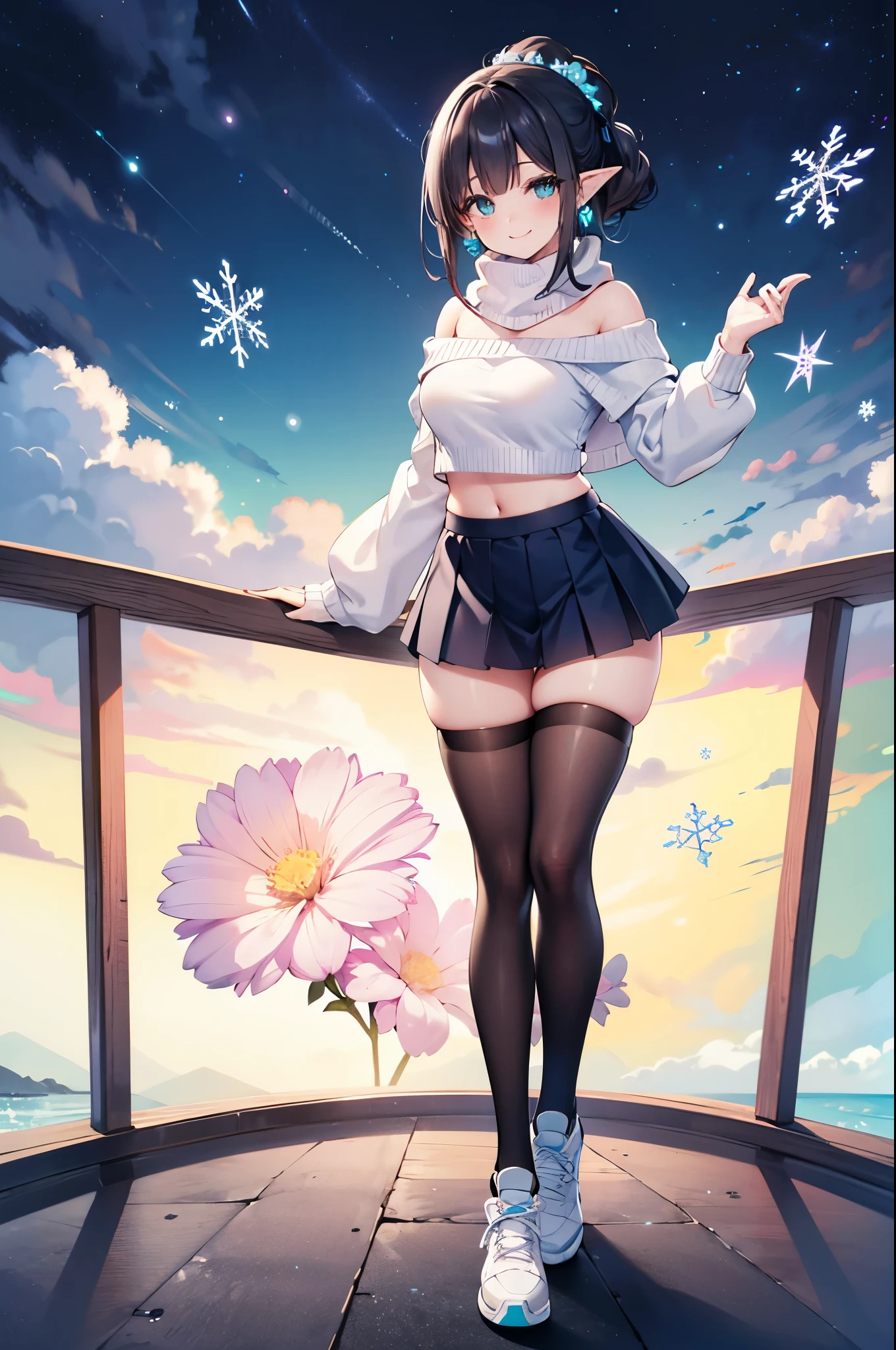Detailed image, coherent image, high quality image, 1 elf, hair up with flower decorations, black hair.Turquoise eyes, long eyelashes, Earrings, smiling, wearing an off-shoulder sweater, with a scarf, pleated mini skirt, stockings to mid-thigh with light. Sneakers, curvy body, medium chest, thick thighs, round buttocks. At night, surrounded by snowflakes, Full body view, natural lighting,round ass