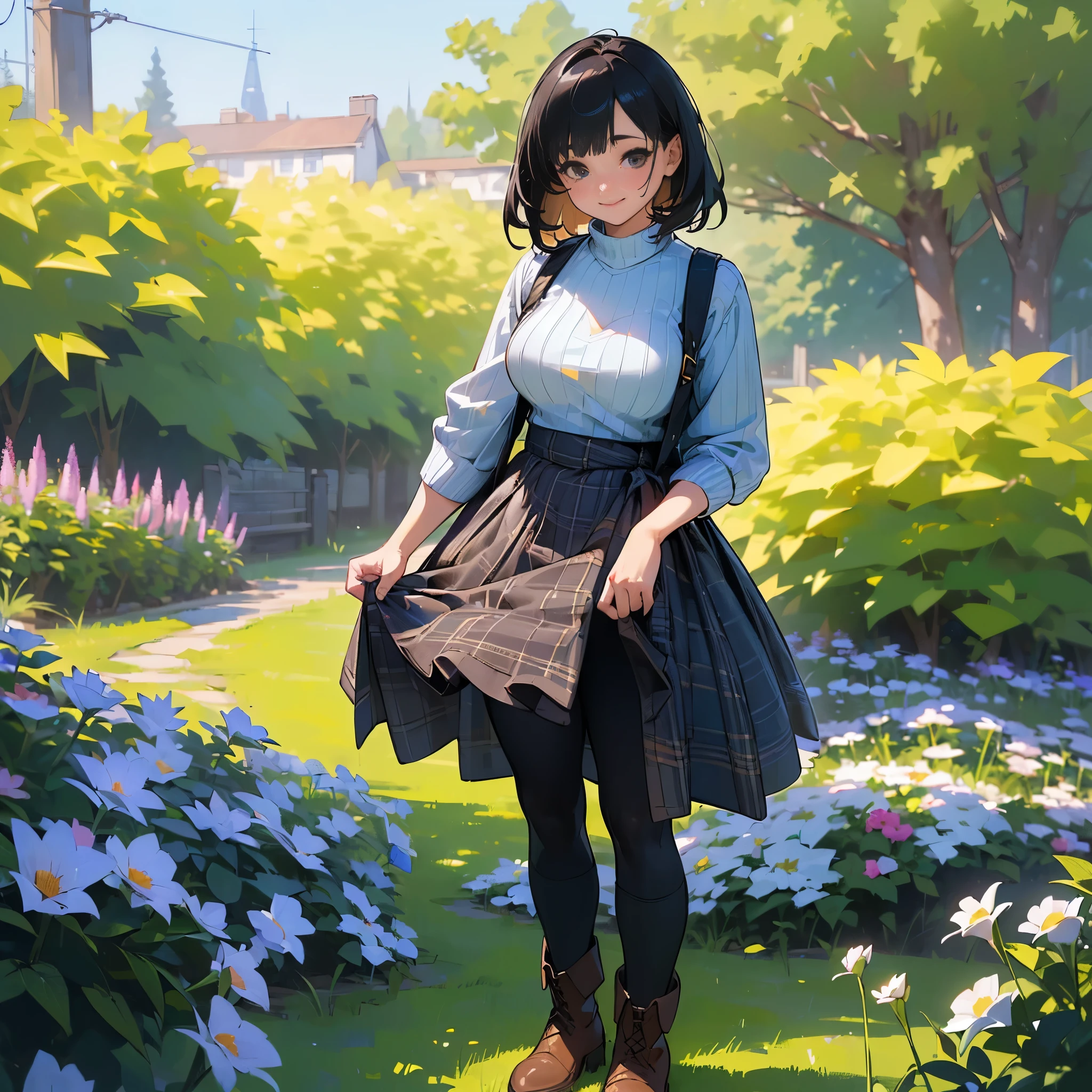(High quality, High resolution, Ultra-detailed, Realistic:1.37), peaceful ambiance, (plein air, garden), age girl standing alone, (My breasts are big.), Beautiful detailed features, Cute smile, (Black bob hair), Ribbed sweater, blue plaid skirt, Black tights, Brown boots.