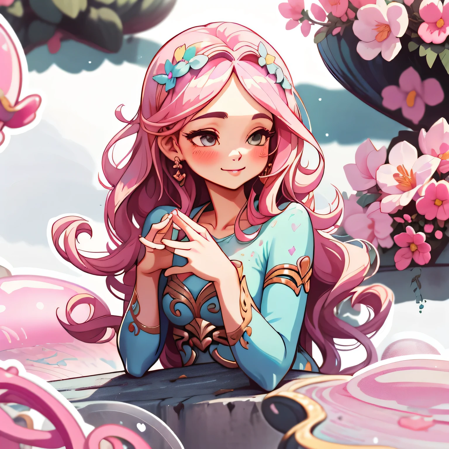 mistura,1 cinta, Backgound simples, Retrato, menina com cabelo longo, menina sorridente, menina bonita de afrodite,Hands to hearts， Aphrodite aesthetics, Beautiful girl, arte de fantasia muito bonita, Afrodite feminina bonita e elegante, bela fantasia detalhada, , tema rosa