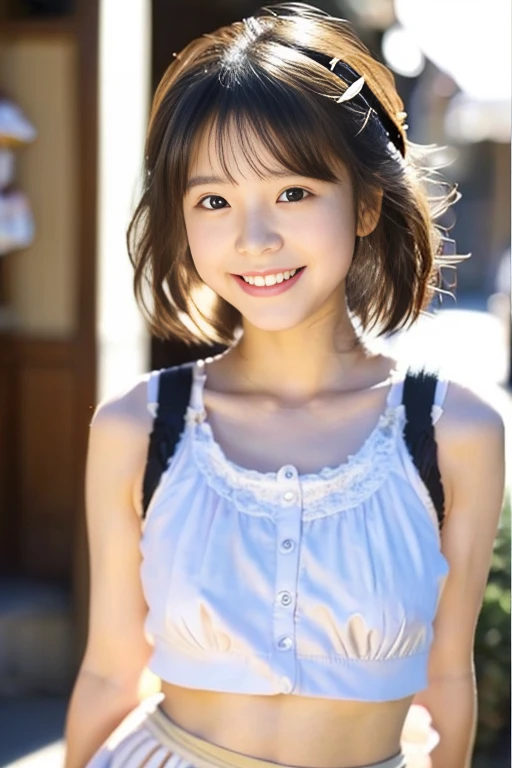 (((masterpiece))), (((Full body photo,Walking)),(One beautiful Japan girl, Innocence,kawaii) ,超A high resolution, Realistic, ultra-detailliert, 8K,top-quality, Extremely detailed, blurry backround,A slender,small tits,very beautiful japanese girl, Detailed face:1.3), (Short hair like a boy,A dark-haired :1.4), (a baby face,kawaii系,adorable 10 year old girl), (Perfect body:1.1), (White sleeveless shirt,Light brown pleated mini skirt), A smile that makes you want to hug,Super Detailed Face、Detailed lips、Detailed Big Eyes、small gravure idol,Transparent skin、Lori,carrying a small black backpack,choosing clothes at a boutique,Looking up from the ground,キュートでkawaiiポーズ, Warm tones