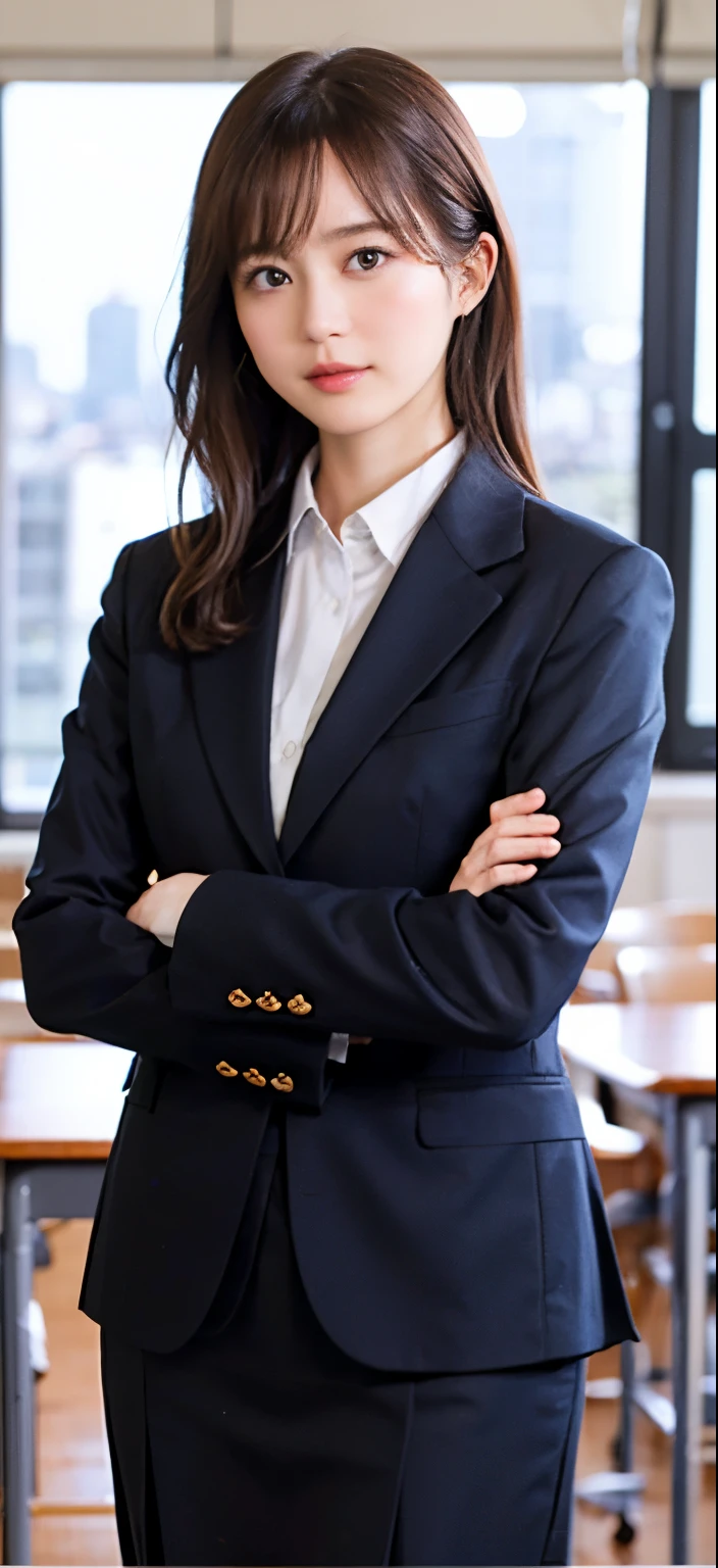 女の子1人、独奏、Parting lips、Officelady、Business suits、sky line、school classrooms、With your arms crossed behind your head、looking at viewert、