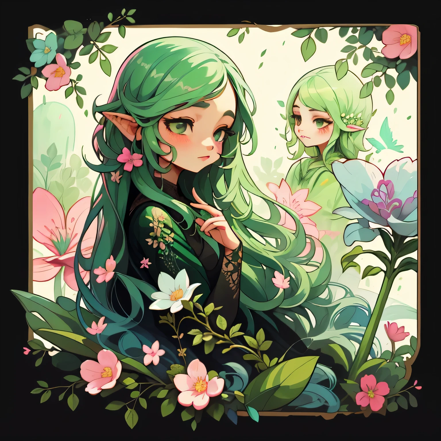 adesivo,1girl, fundo simples, retrato, menina com cabelo longo, menina bonita da flor, Floral aesthetics, Beautiful girl, arte de fantasia muito bonita, fada feminina bonita e elegante, bela fantasia detalhada, paladar de cor verde e rosa, tema de cor verde