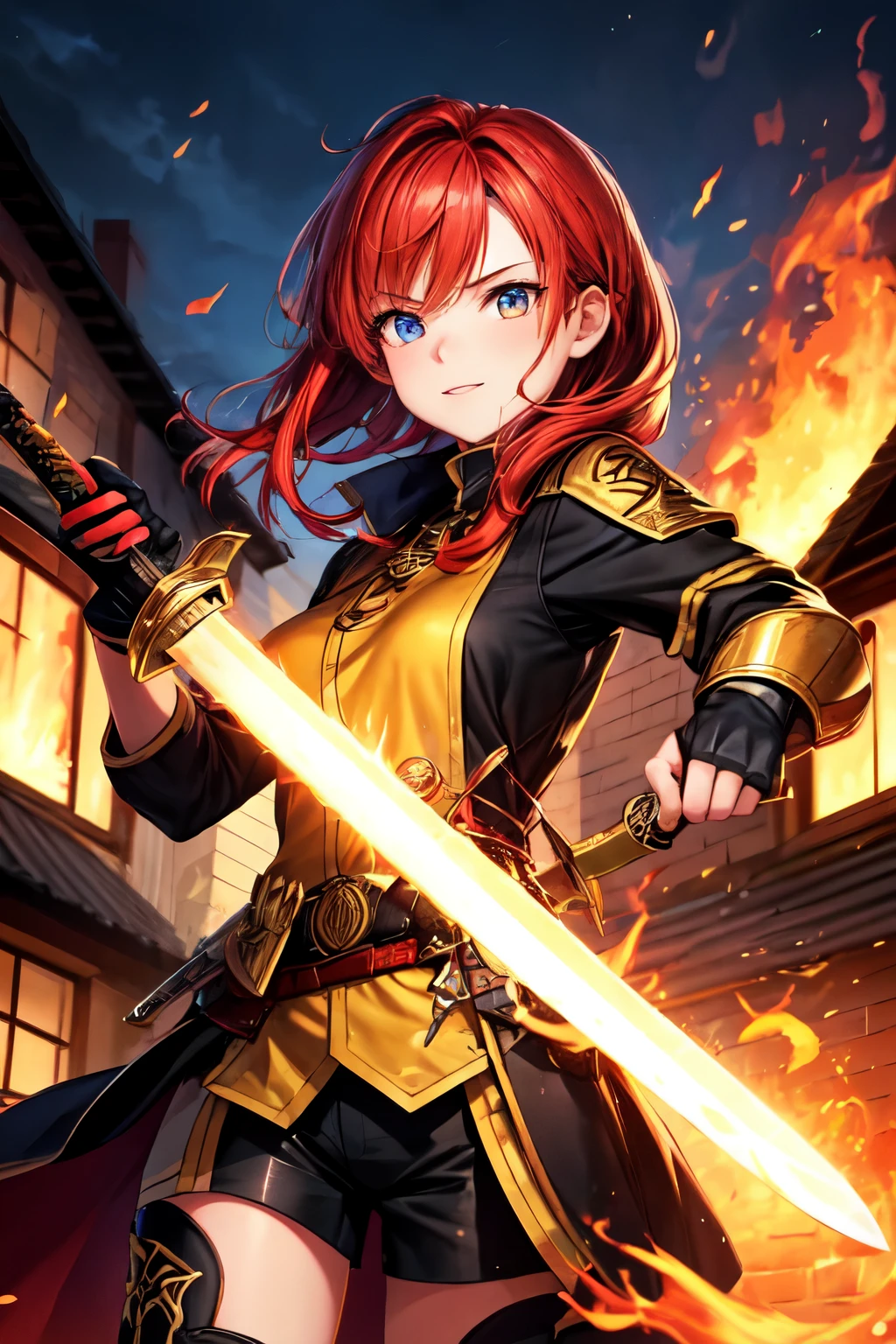 1girl, red hair, flaming eye, sword, holding sword, flames, burning houses, glowing, sidelighting, wallpaper