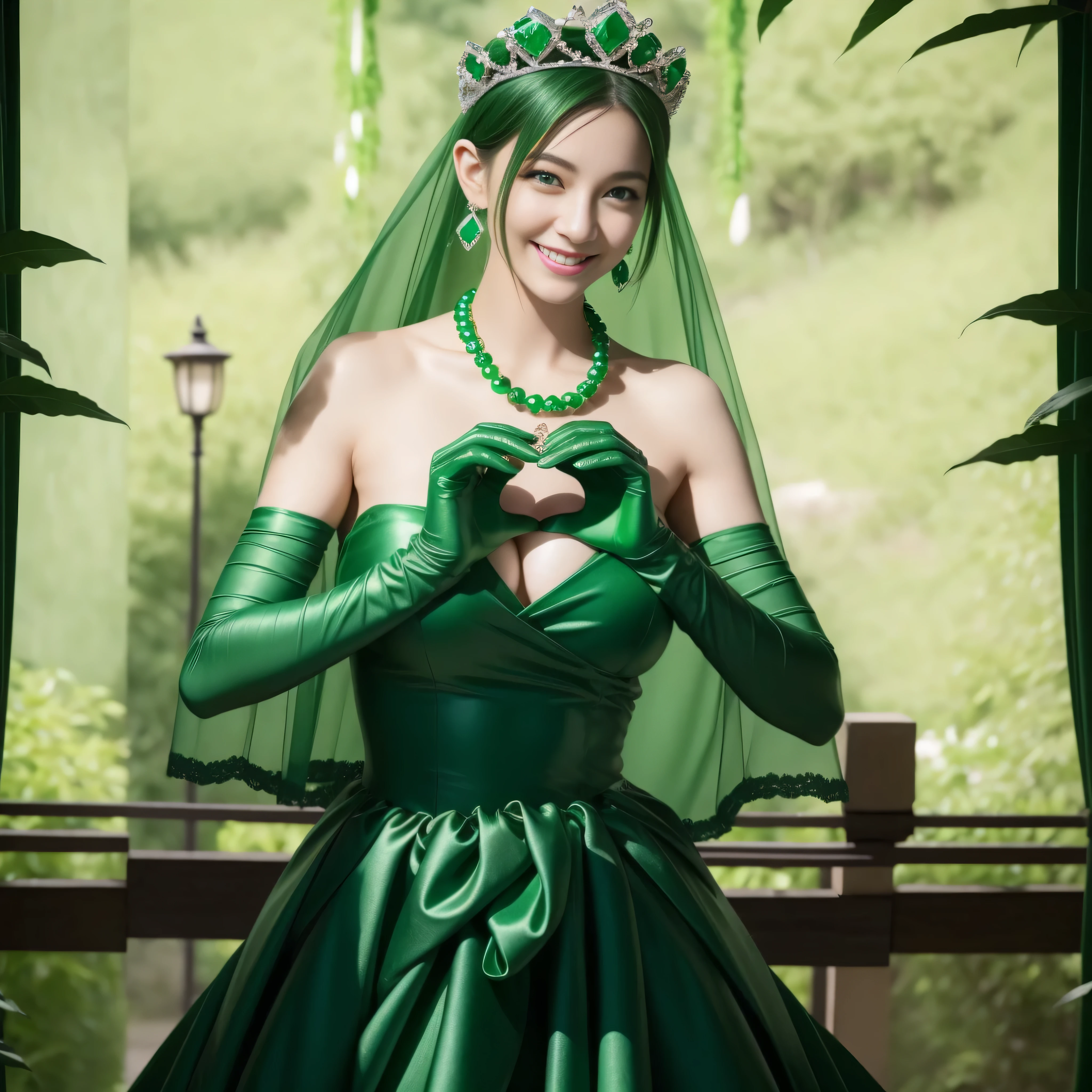 emerald tiara, Green Pearl Necklace, Boyish very short green hair, lipsticks, Japan woman smiling, very short short hair, big breasts beautiful, Green eyes, Long green gloves made of satin material, Green eyes, Emerald Earrings, green vale, 両Heart in the hand, Heart in the hand