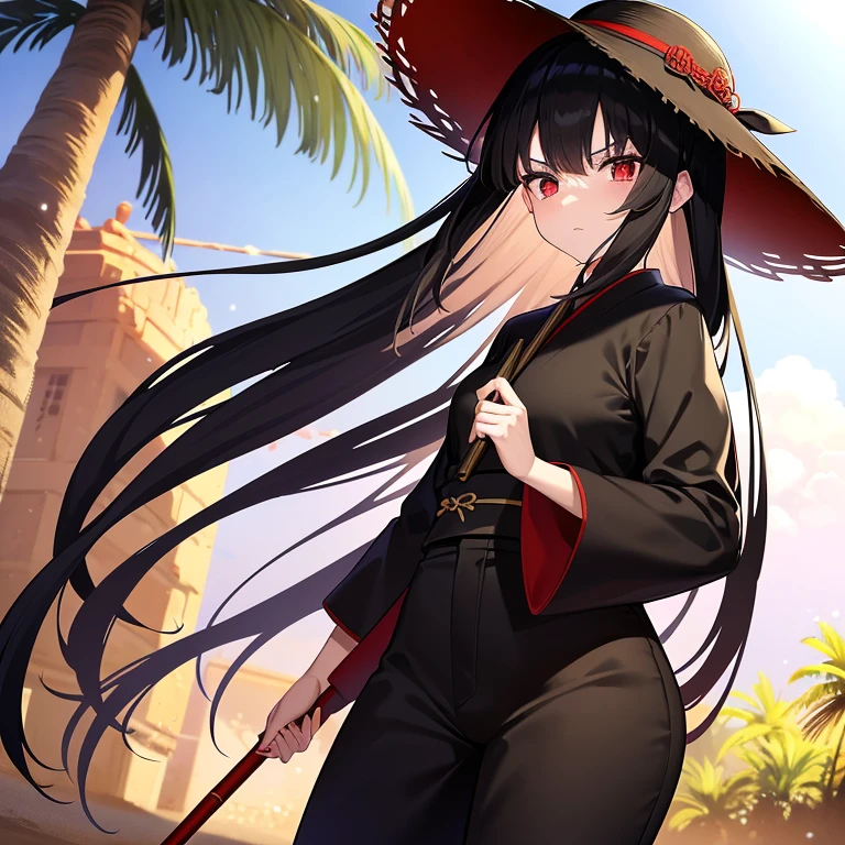 Medium size anime girl with long black hair and red eyes wearing a black straw hat and a black long sleeve ancient Japanese shirt and long black pants, she is wearing black gloves, she is holding a fire spear  in her right hand, she is looking serious in a sand dune with palm trees in the background