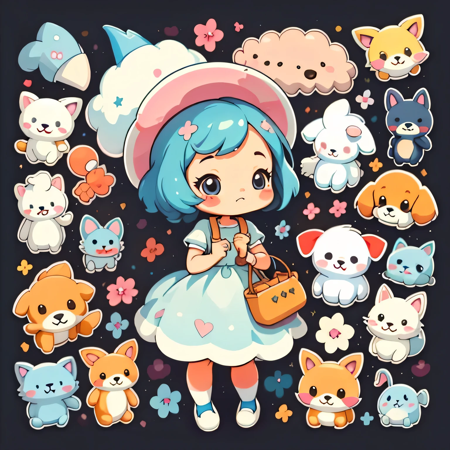 um adesivo，1 cinta，adolable，kawaii，adolable，fundo simples chibi，Use um vestido bonito，with a hat，Liderando um filhote de cachorro bonito