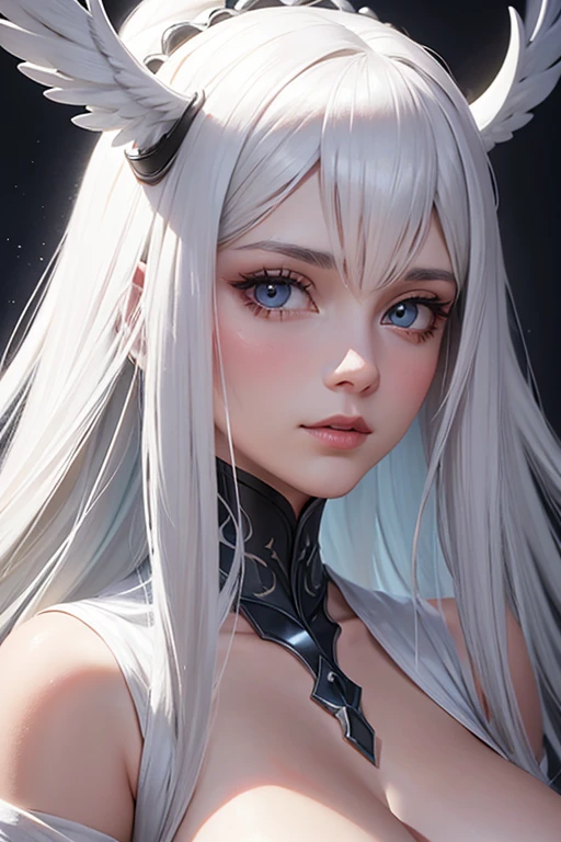 close-up of a woman with white hair and white mask, Hermosa pintura de figuras, Dios de pelo blanco, Epic art, (NSFW: 1.0)