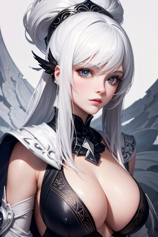 close-up of a woman with white hair and white mask, Hermosa pintura de figuras, Dios de pelo blanco, Epic art, (NSFW: 1.0)