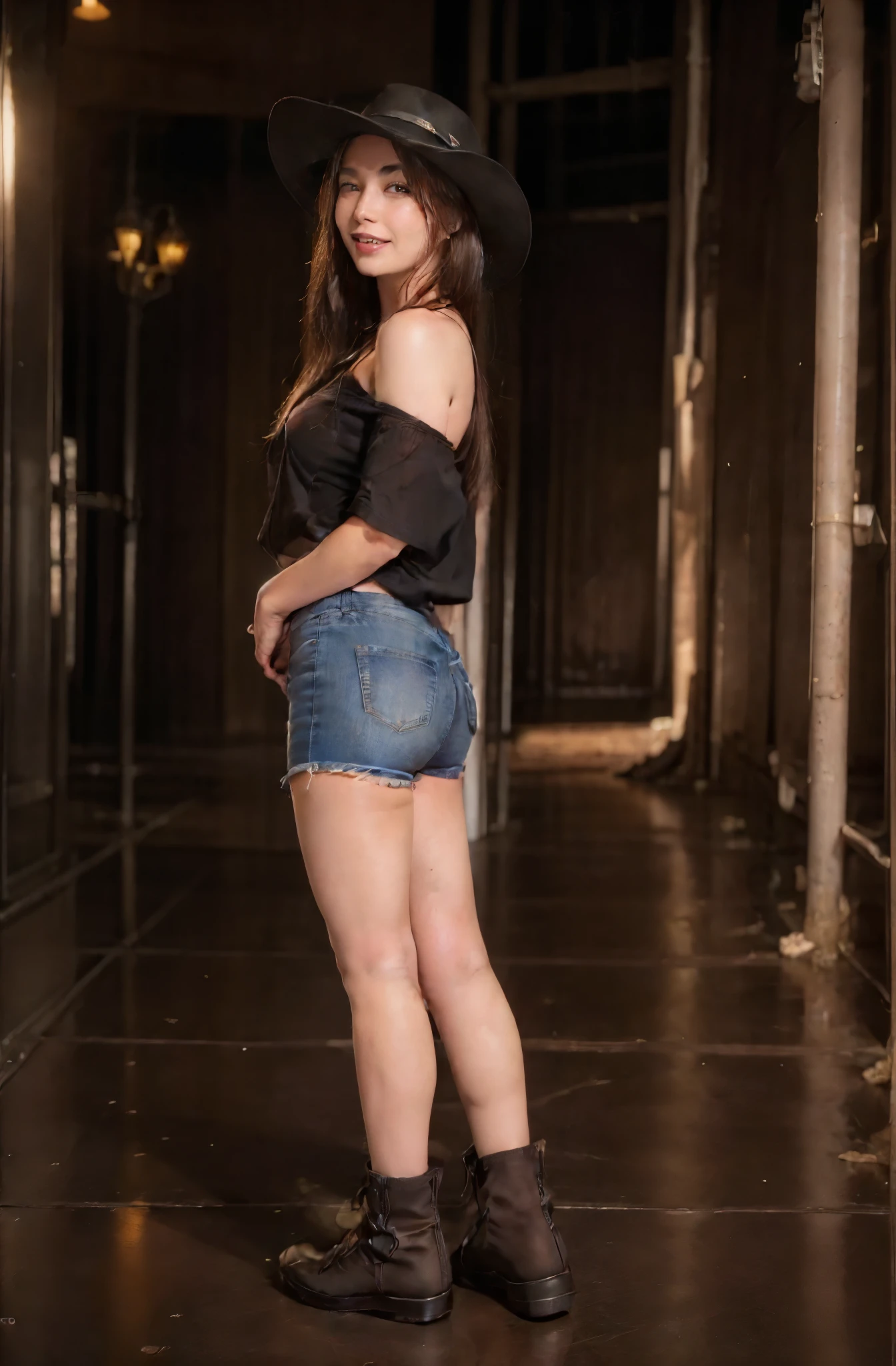 masutepiece, Best Quality, Illustration, Ultra-detailed, finely detail, hight resolution, 8K Wallpaper, Perfect dynamic composition, Beautiful detailed eyes, Off-shoulder t shirt and denim mini shorts,Bob Hair, mid-chest, Natural Color Lip, Random and sexy poses,Smile,20 years girl　Colossal tits、nightclub、sheer body stockings、