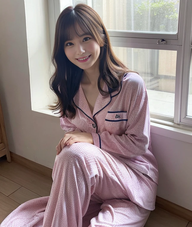 Highest quality、masterpiece、8k、１By people、Beautiful Japan、Junior high school freshman、My Room、Cute room、Small room、Single Bed、Lying in bed、Pink satin pajamas、Small breasts、A kind smile、Lying on the bed watching the viewers