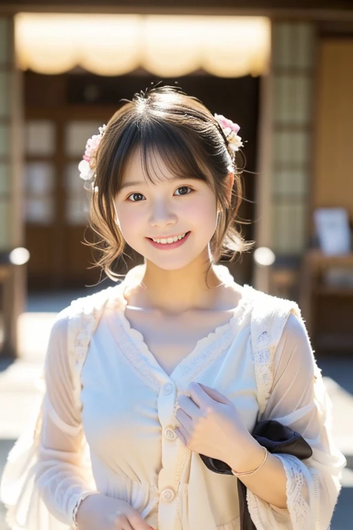 (((​masterpiece))),  (((Full body photo，Walking))，(One beautiful Japan girl, Innocence，kawaii) ，超A high resolution, Realistic, ultra-detailliert, 8K,top-quality, Extremely detailed, blurry backround,A slender,small tits，very beautiful japanese girl, Detailed face:1.3), (Short hair like a boy，A dark-haired :1.4), (a baby face，kawaii系,adorable 10 year old girl), (Perfect body:1.1),  (White sheer cardigan，Light brown pleated mini skirt), A smile that makes you want to hug，Super Detailed Face、Detailed lips、Detailed Big Eyes、small gravure idol，Transparent skin、Lori，carrying a small black backpack，choosing clothes at a boutique，Looking up from the ground，キュートでkawaiiポーズ, Warm tones