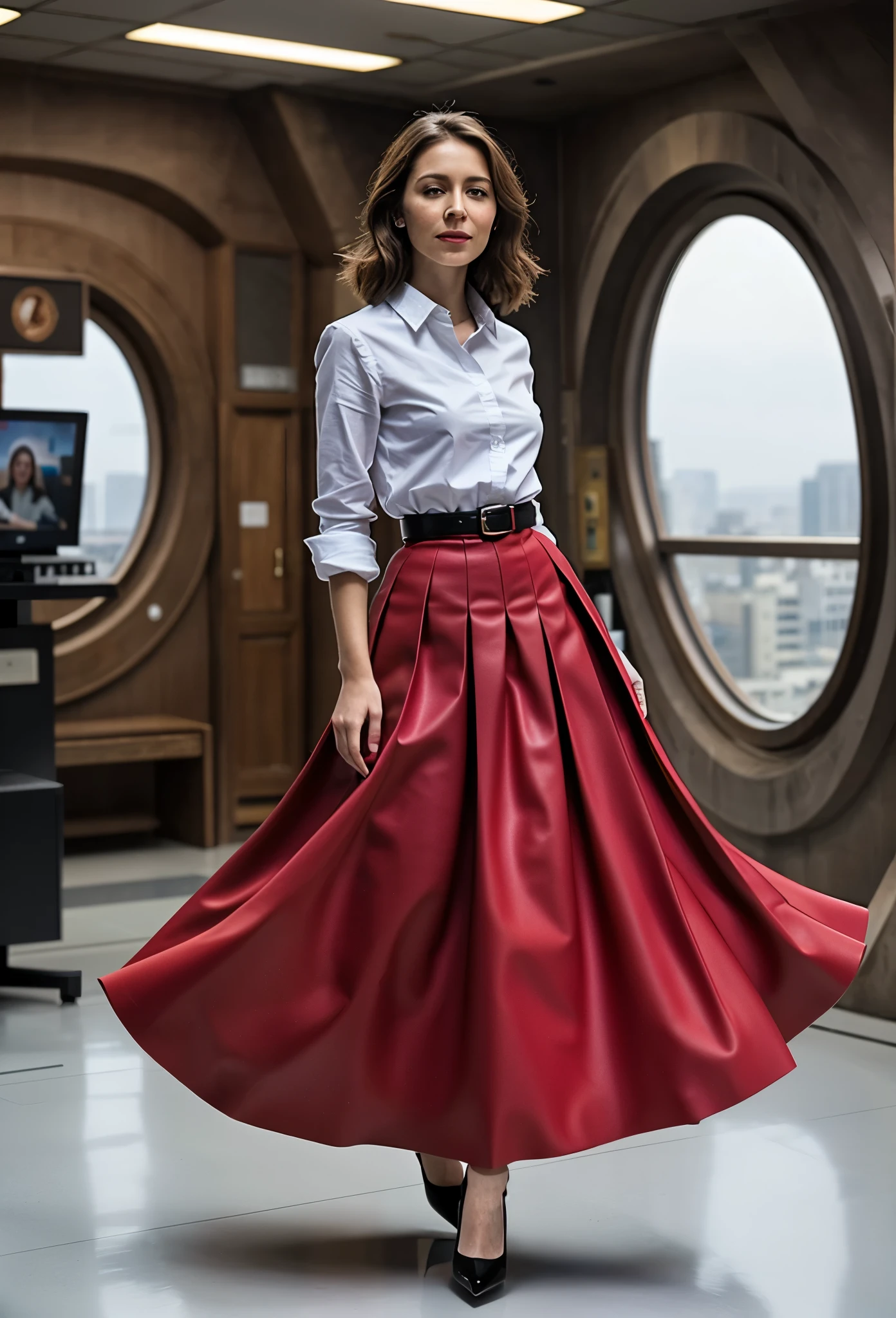 (authentic:1,1) (shy:0,9) (smiling:1,3) woman wearing (long (pleated) full circle skirt) and (low heeled office shoes), very intricate hyper-detailed symmetric (attractive graceful feminine face) with (sad, tired eyes and a shy smile), large breasts, full of empathy and compassion and love, (pronounced (feminine) features), (highly detailed ultra accurate realistic) hands and fingers, (windy conditions and wind blowing), epic composition, highly detailed attributes, highly detailed space station background, extremely high quality RAW photograph,, sci-fi , high-angle shot, cinematic shot, dynamic lighting, 75mm, Technicolor, Panavision, cinemascope, sharp focus, fine details, 8k, HDR, realism, realistic, key visual, film still, superb cinematic color grading, depth of field