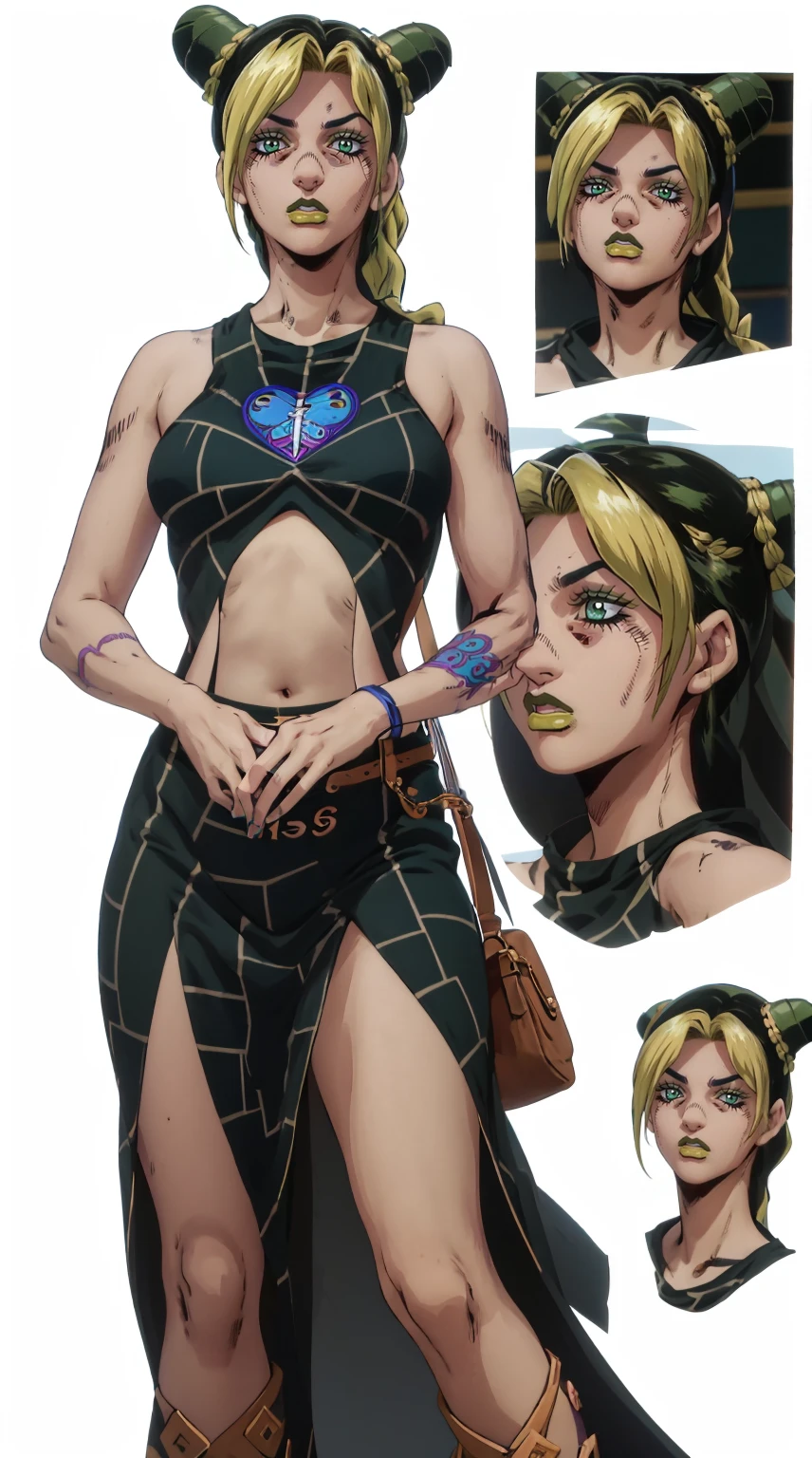 (concept art,reference sheet,illustration,good lighting,good shadows,Jolyne - JoJo's Bizarre Adventure,various poses,on a white background,anatomical accuracy:1.2),(pencil sketch:1.1,highly detailed lines),(colorful,color palette:1.1,vibrant colors),(mood:1.1,dynamic),dramatic lighting,attention to detail,stylized,action-packed,artistic interpretation),