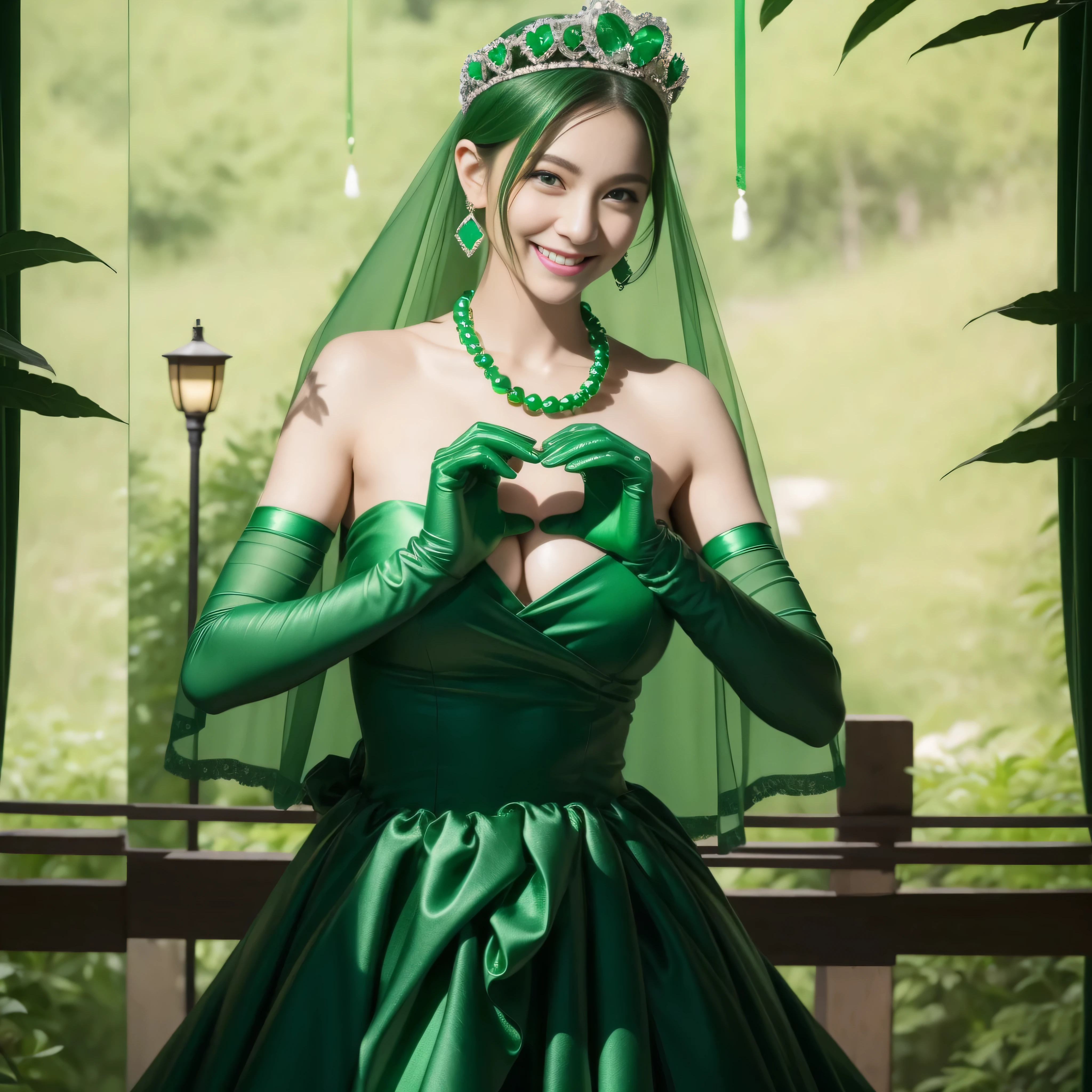 emerald tiara, Green Pearl Necklace, Boyish very short green hair, lipsticks, Japan woman smiling, very short short hair, big breasts beautiful, Green eyes, Long green gloves made of satin material, Green eyes, Emerald Earrings, green vale, 両Heart in the hand, Heart in the hand