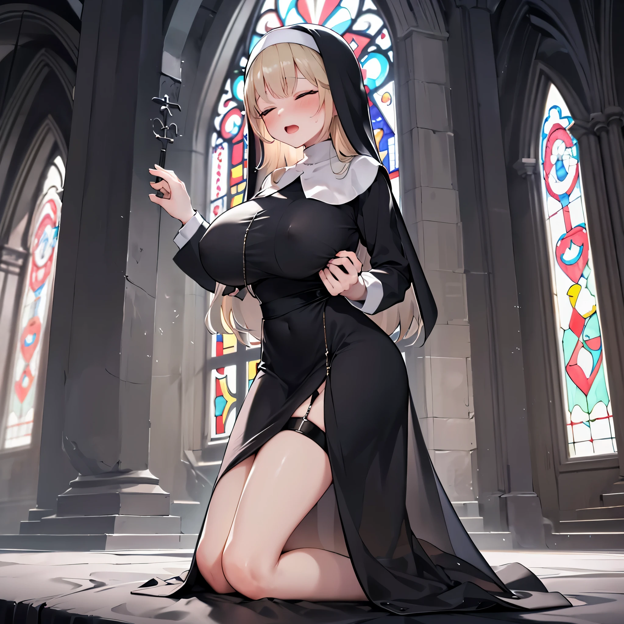 (solo 1 praying nun:1.2) standing in church, praying with holding hands together over chest, very thin, (black sheer dress:1.4), (huge breasts:1.2), (black sheer long skirt:1.3), inconceivably thin waist, closing eyes, nose blush, open mouth, (heavy breathing:1.2), stained glass, full body, 8k