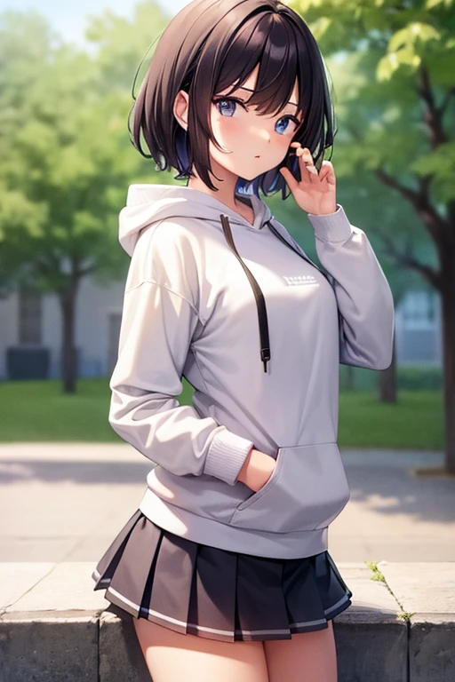 Cool girl, short hair, wear a hoodie over high school uniform