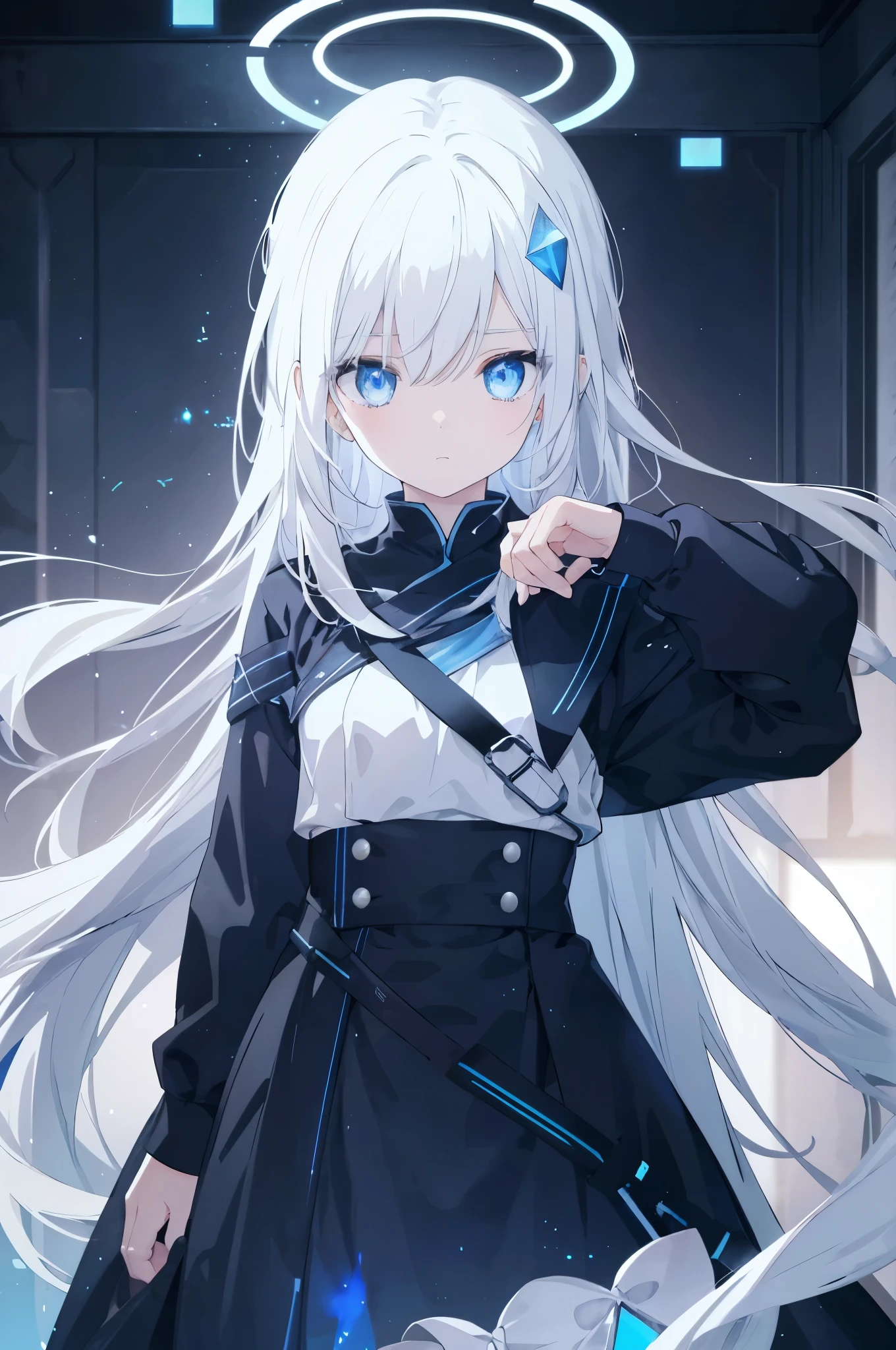 white long straight hair,Hair has turned white,White hair,blue colored eyes,Highlights,The eyes glow blue light,Women's hands,novice,Hands naturally lowered,There is a blue halo directly above the head,Halo glows blue,Halos are polyhedral shapes,With a black hairpin,face expressionless