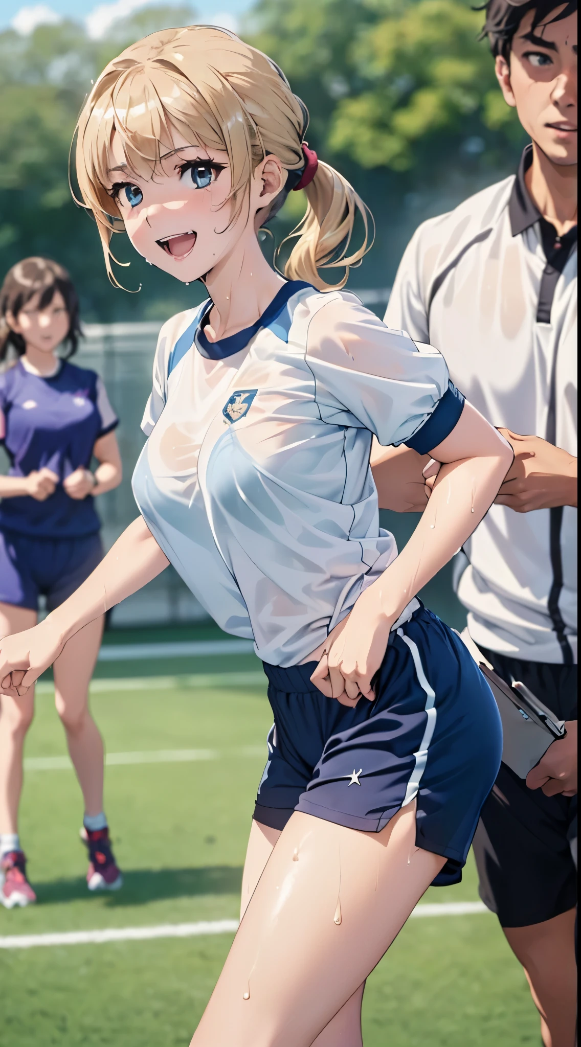 1womanl,Golden hair,14 year old beautiful breasts,(((Sexy white and blue shiny short sleeve gym clothes and shorts、Smile with open mouth)),((())),((( portlate))),Crowds,Shiny white short-sleeved gym uniform and blue shorts,(Wet with sweat),((athletic field)),((see -through)),outside of house,(((clothes shiny))),Beautiful ponytail