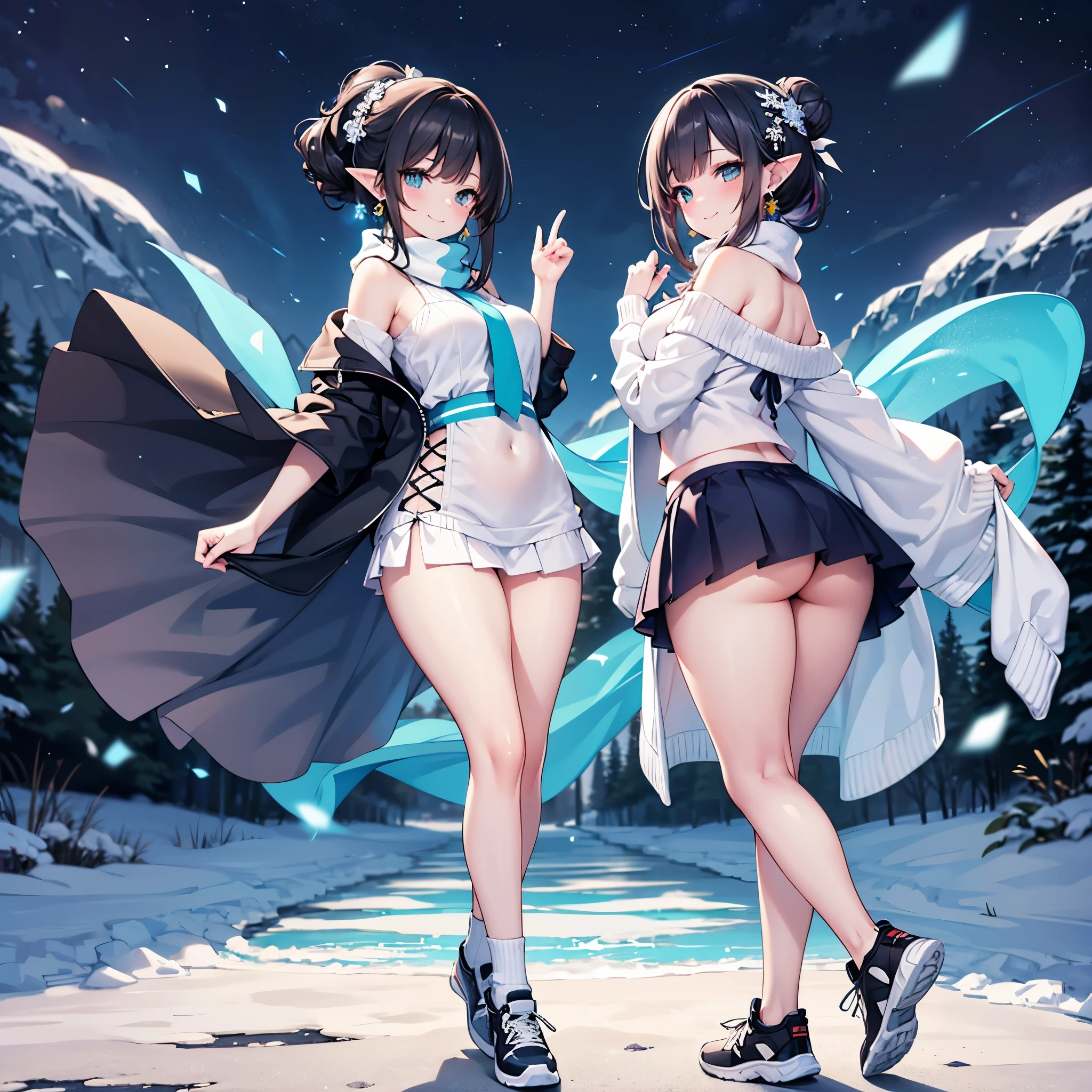 Detailed image, coherent image, high quality image, 1 elf, hair up with flower decorations, black hair.Turquoise eyes, long eyelashes, Earrings, smiling, wearing an off-shoulder sweater, with a scarf, pleated mini skirt, stockings to mid-thigh with light. Sneakers, curvy body, medium chest, thick thighs, round buttocks. At night, surrounded by snowflakes, Full body view, natural lighting,round ass