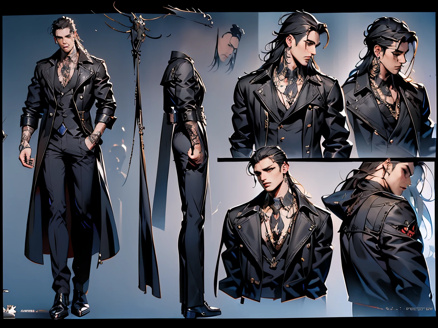 Character sheet, full body, front view, side view, rear view, handsome vampire man, 18 years old, long hair, rock style, black trench coat, spider earrings, tattoos on chest and arm