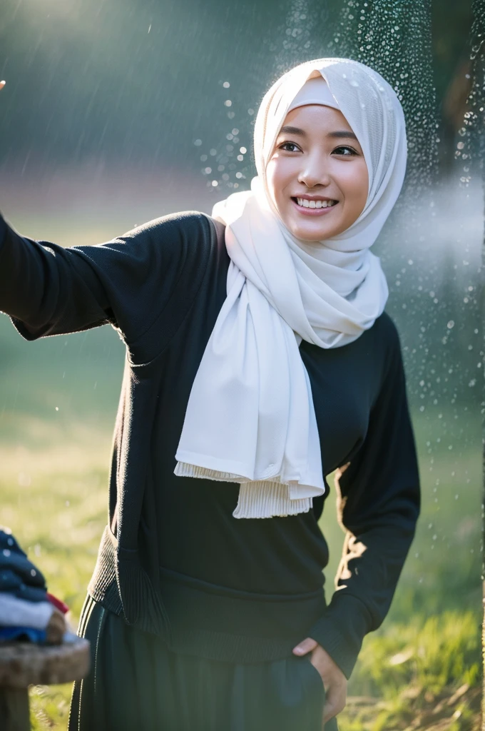 ((best quality)), ((masterpiece)), (detailed), perfect face, mature, adult women, wearing hijab,(top-quality、4K、masterpiece : 1.3)、Beautuful Women、1 personreastsout、the perfect body : 1.2)、abdominals : 1.1、((Wet body : 1.2))、Ultra-detailed face、Detailed lips、A detailed eye、二重まぶた、Clothes see-through、Sense of transparency、A smile、Frolic Pose、heavy wind、foggy weather, at the camping place, dim light, rain fog, tense atmosphere