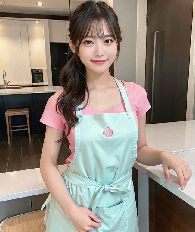 (ultra-detailliert、Raw photo、Top image quality、Realistic)、morning、キッチンでmorning食を用意するシーンを描いてください、A bright and cheerful atmosphere is important、Looks a little sleepy、No makeup、(Wearing an apron)